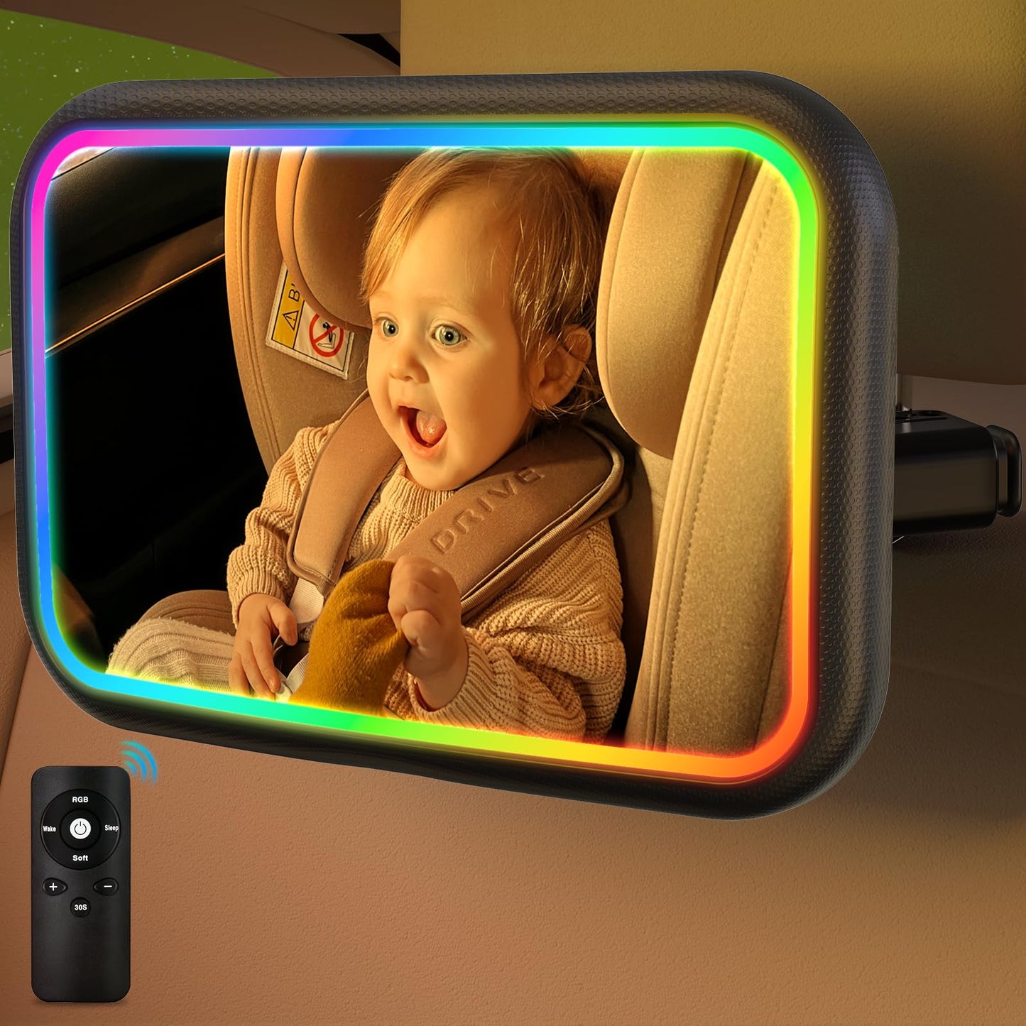 Fosucwin Baby Car Mirror with Light, 11 RGB Light Modes, 360° Rotation, Wide Angle, Remote Control, Shatterproof, Hook Clamp Design