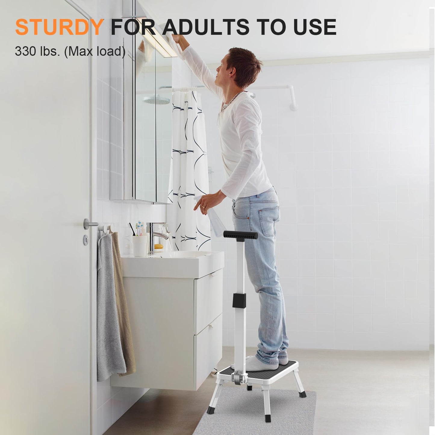 Foldable Step Stool with Handle, Portable Stepping Stool with Anti-Slip Design Medical Step Stool for Elderly, Senior and Kids in Home, Kitchen, Bathroom, Bedroom, 330 Lbs Capacity
