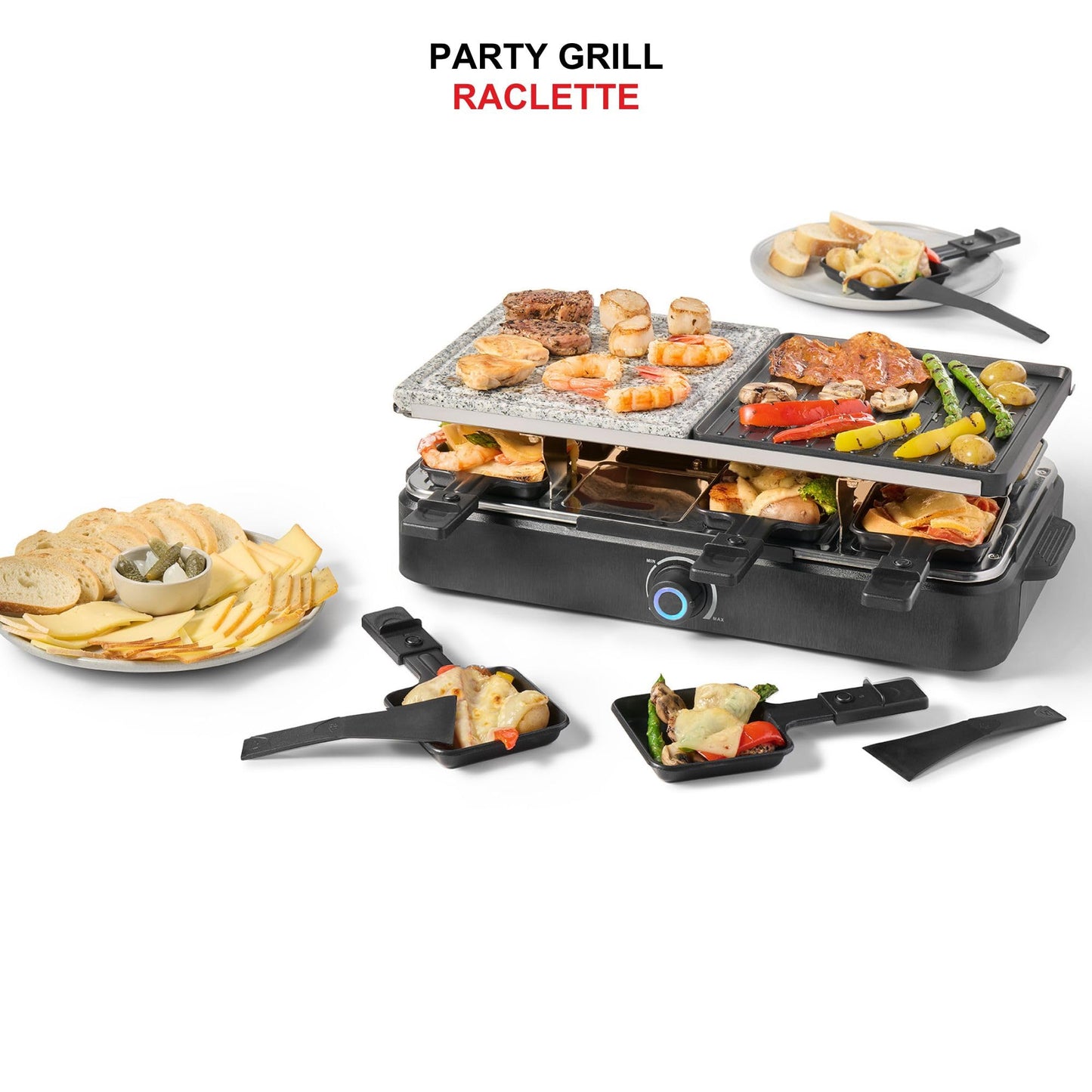 Starfrit 8-Person Raclette Party Grill - 2-in-1 Die-Cast Aluminum & Cooking Stone - Reversible Grill/Griddle Plate - Adjustable Temperature - 8 Non-Stick Spatulas & Dishes -1300W