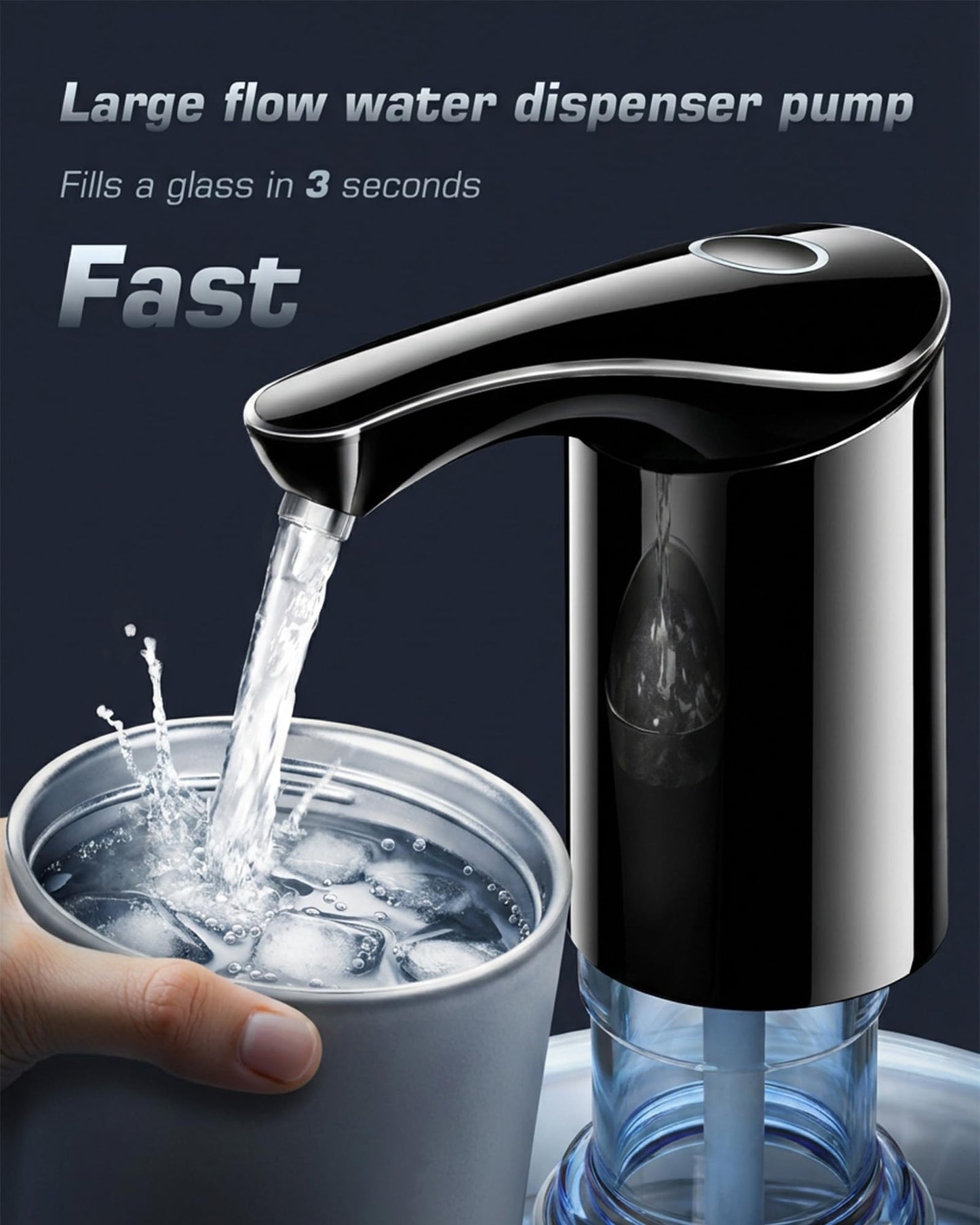 Rechargeable Water Dispenser Pump for 5 Gallon Bottle, Electric USB-C Large Flow Water Jug Dispenser, Portable Automatic Submersible Bottle Pump Silent Operation for Camping Home Office (Black)