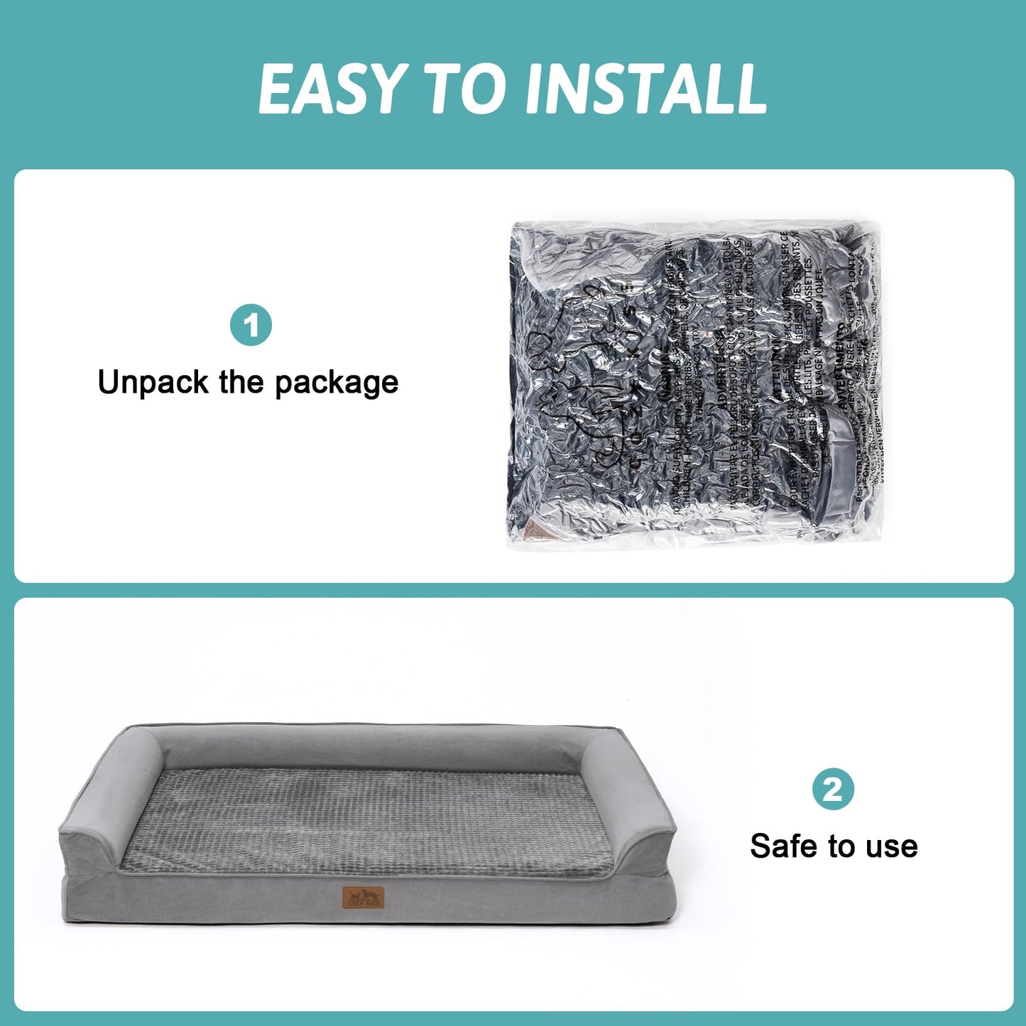 COZY KISS Orthopedic Dog Bed for Large Dog, XL Pet Couch for Extra Dog, Big Supportive Foam Bolster Sofa with Waterproof Lining Cover, Anti-Slip, Washable, U Shaped, 107x76x19cm, Grey