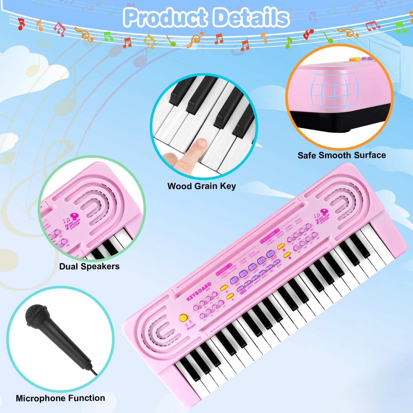 Kids Toy Piano Keyboard for Kid Music Toys for 3+ Year Old Electronic Keyboard Pianos for Beginners Kids Piano with Microphone Toys for 3 4 5 6 7 8 Year Old Boys Girls Gifts Ages 3-8 (Pink)
