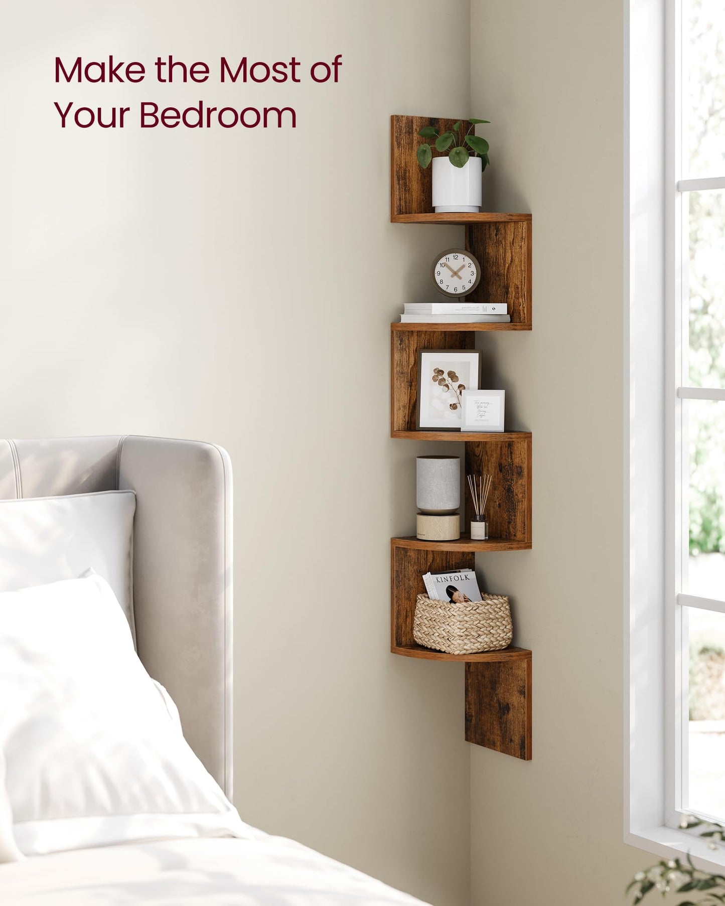 VASAGLE Corner Shelf Wall Mount, 5-Tier Floating Corner Bookshelf, Plant Shelf for Bedroom, Living Room, Bathroom, Home Office, Rustic Brown