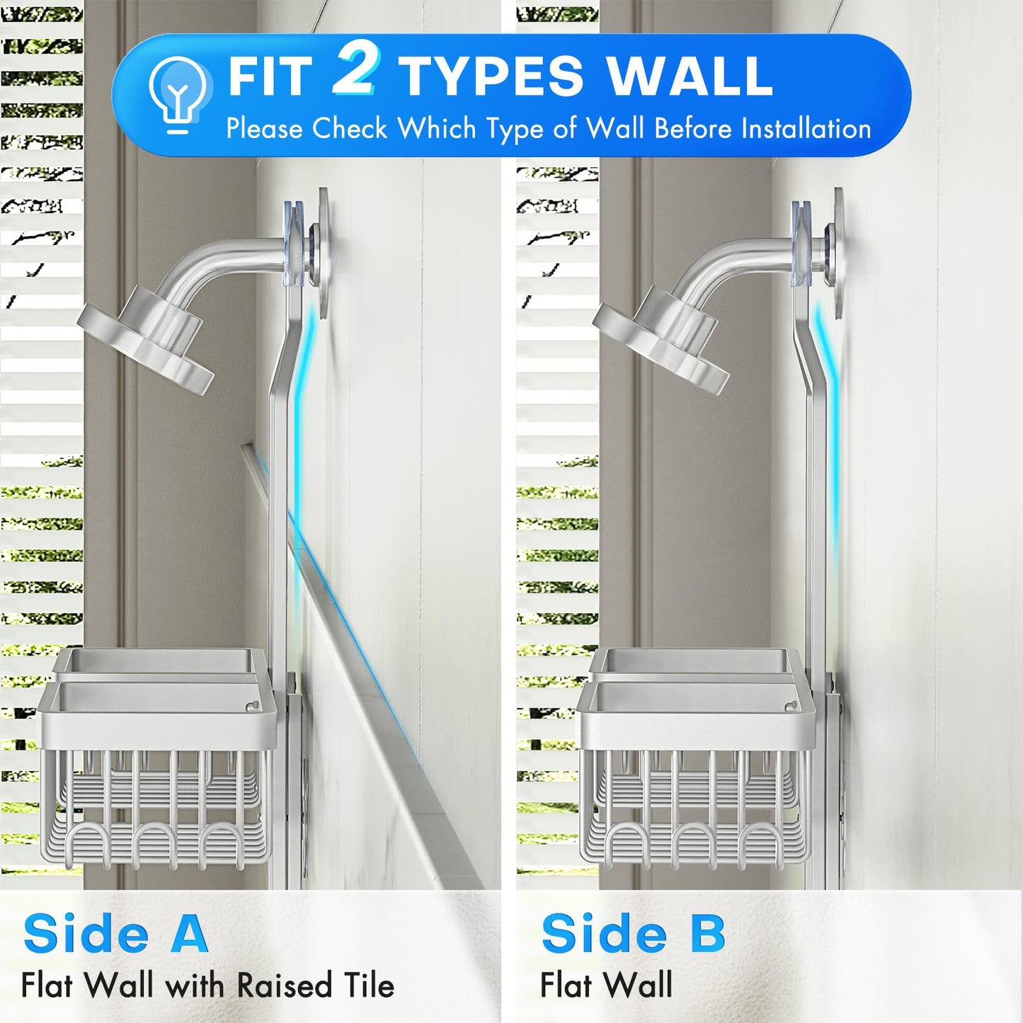 Sewulidon Aluminum Alloy Hanging Shower Caddy for Handheld Shower Heads,Rustproof Hose Shower Organizer 4 Levels Height Adjustable Shower Rack with Hooks,Razor Holder,Soap Holder