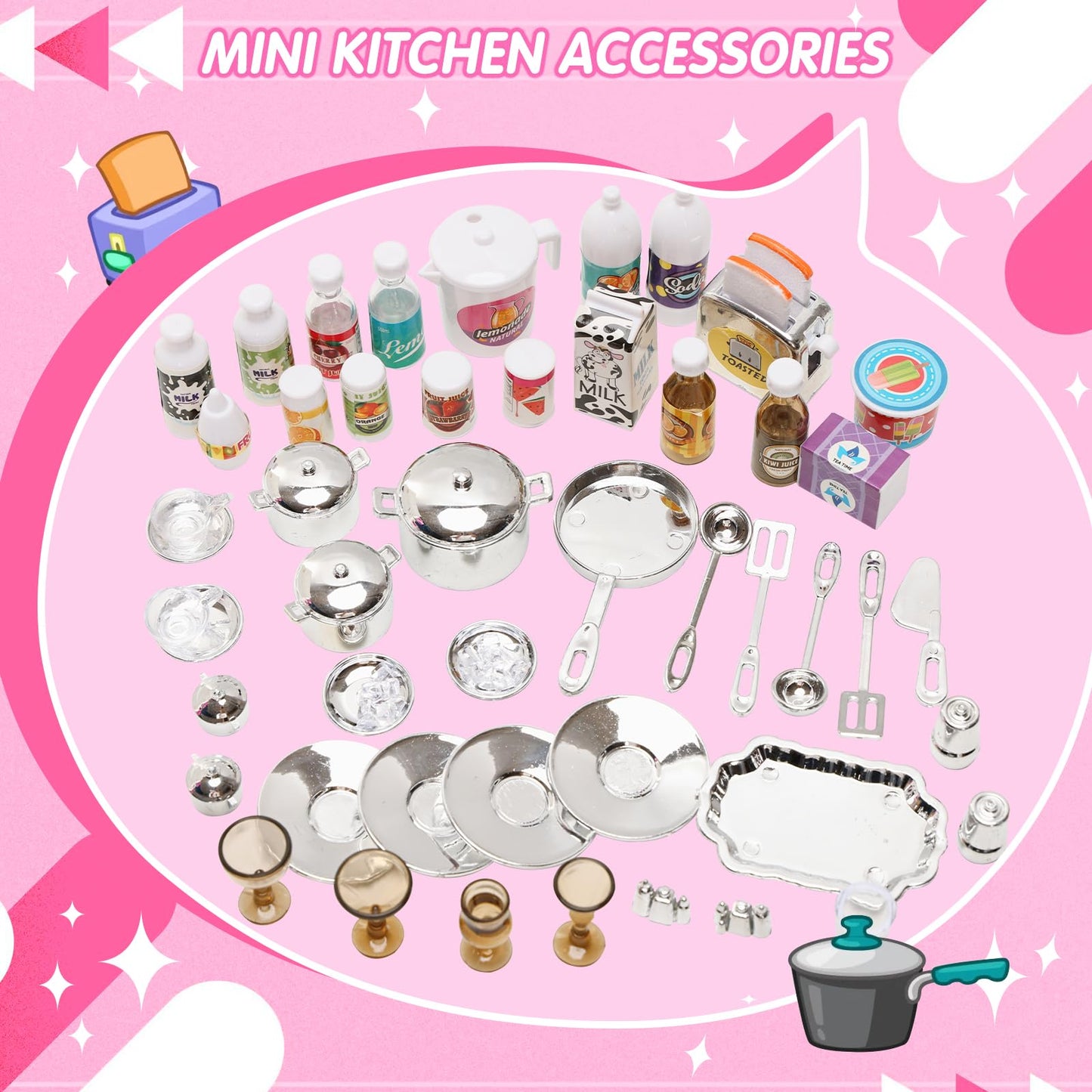91 Pcs Doll Kitchen Playset for Kids, My Modern Mini 5-in-1 Kitchens House Furniture for 11.5 Inch Girl Dolls Pretend Play Kitchen Toy Accessories for Kids Doll Dreamhouse Set for Dolls