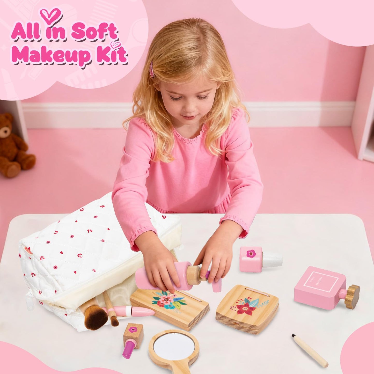 WELIN Wooden Makeup Toy Set, 17-Pieces Toddler Pretend Play Makeup Bag, Role-Playing Toys for Girls Ages 3-8, Perfect Christmas Birthday Gifts for Girls