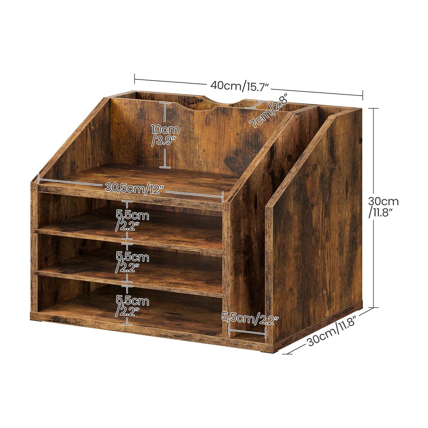 CHOEZON Wooden Desk Organizer with Adjustable Partitions, Multi-Layer Desktop File Holder for Home Office, Paper & Stationery Storage Organizer, Rustic Brown MWJ04FG