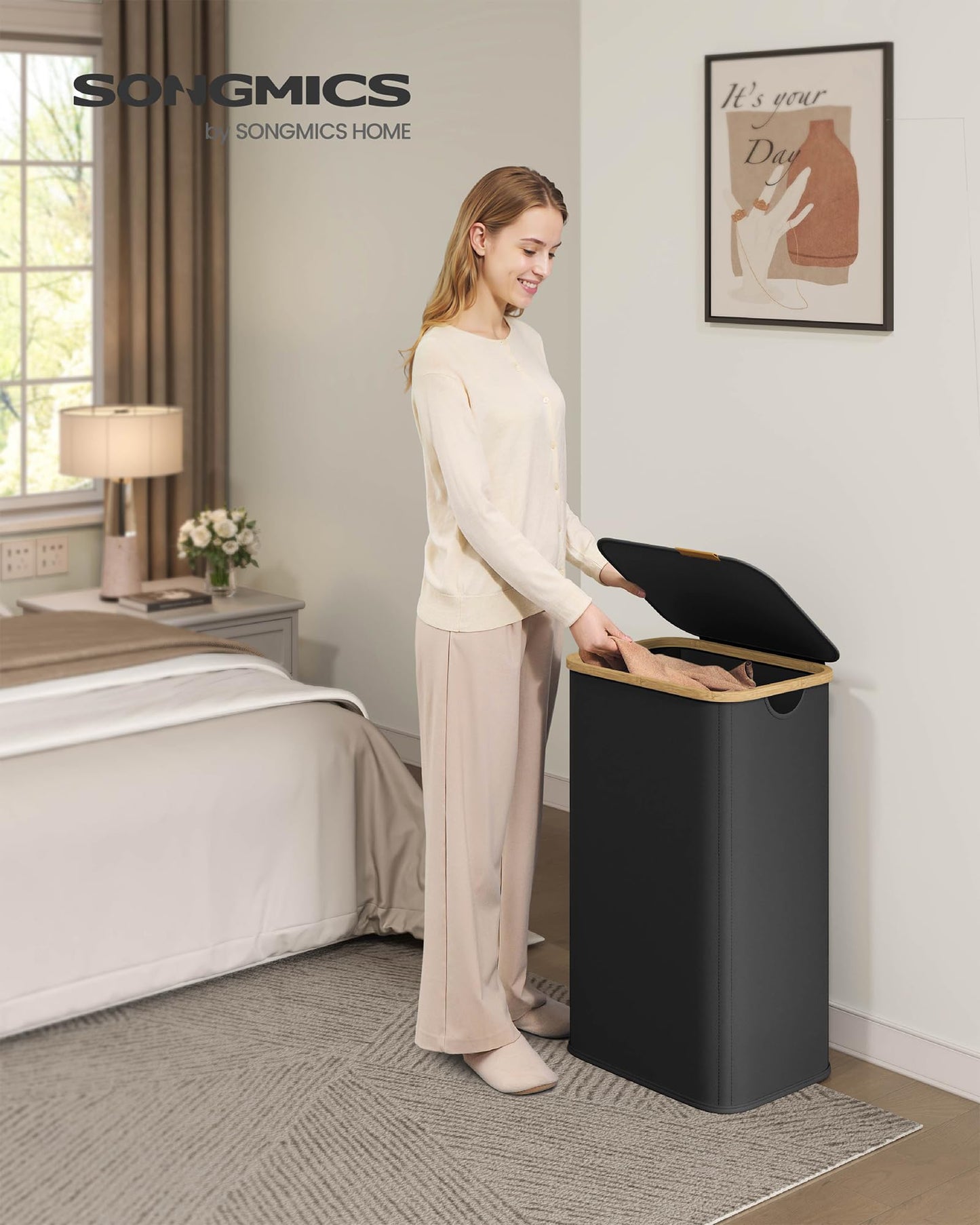 SONGMICS Laundry Hamper, Slim Laundry Basket with Lid, Foldable Storage Basket, Bamboo Frame, for Bedroom, Living Room, Oxford Fabric, 26.4 Gal. (100 L), Ink Black ULCB518BH01