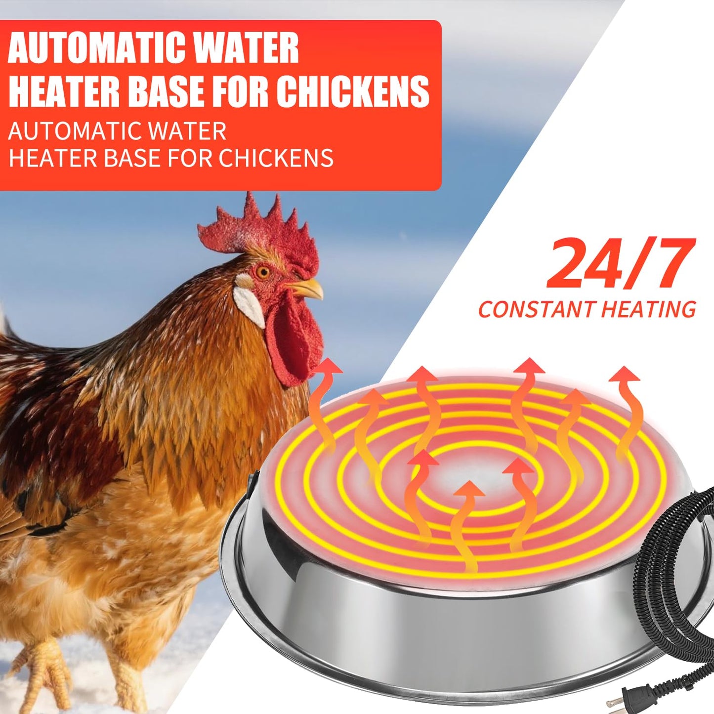 Chicken Water Heater, 11.8 Inch Stainless Steel Heated Chicken Waterer Base for Winter 5 Gallon with Thermostat Knob，with Anti-Bite Cable for Poultry Fountains Water Bowl Plastic Metal Waterer