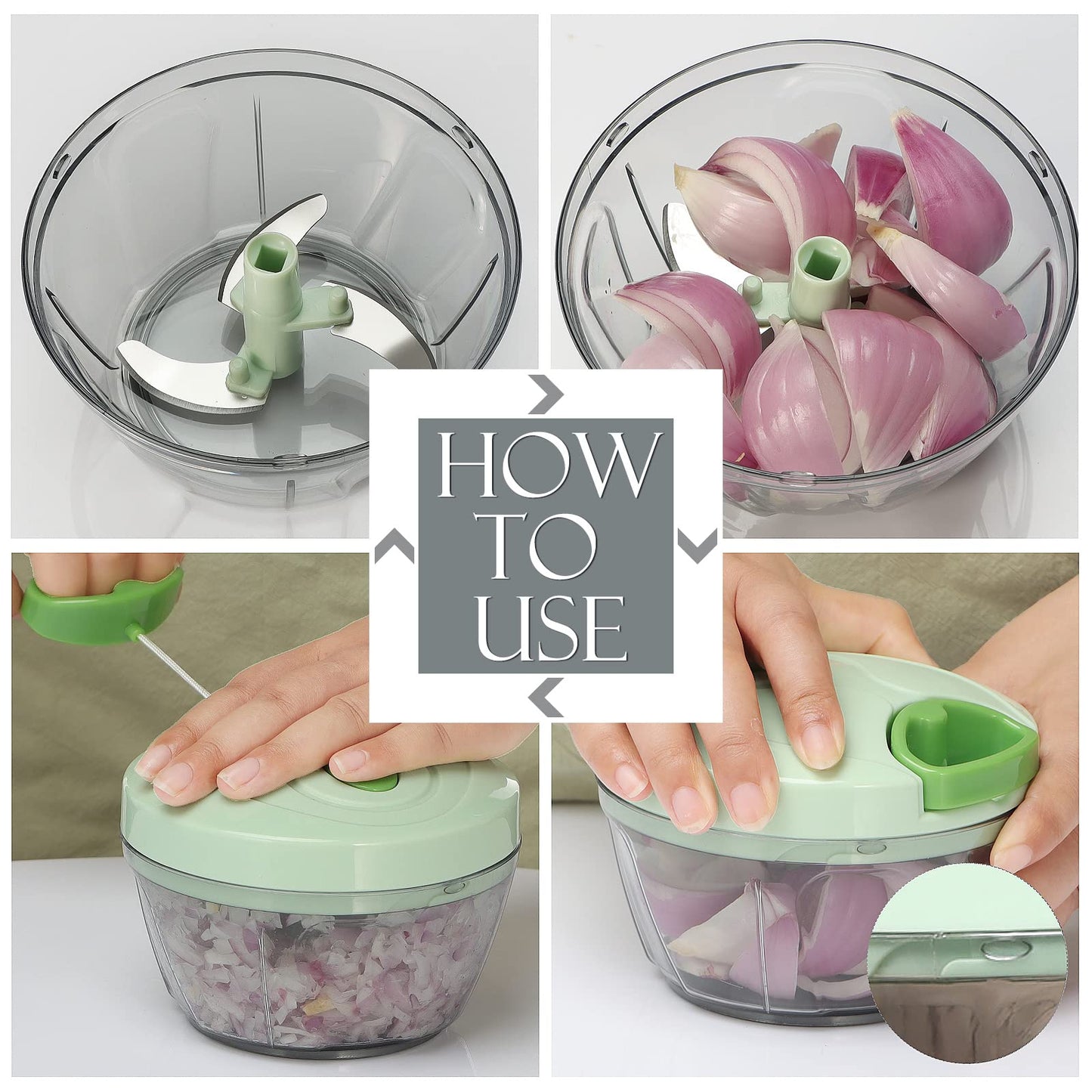 Ourokhome Manual Food Processor, Vegetable Chopper, Portable Manual Garlic Puller, Onion Chopper for Vegetables, Ginger, Fruits, Nuts, Herbs, etc, 500ml, Green