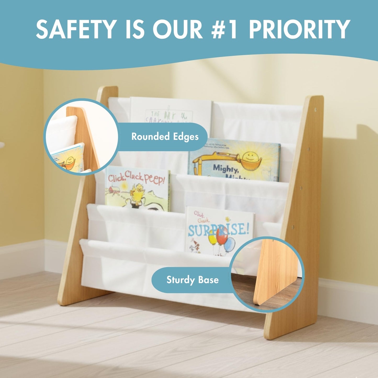 Humble Crew Kids Book Rack Storage Bookshelf with Deep Sleeves, Universal, Natural/White