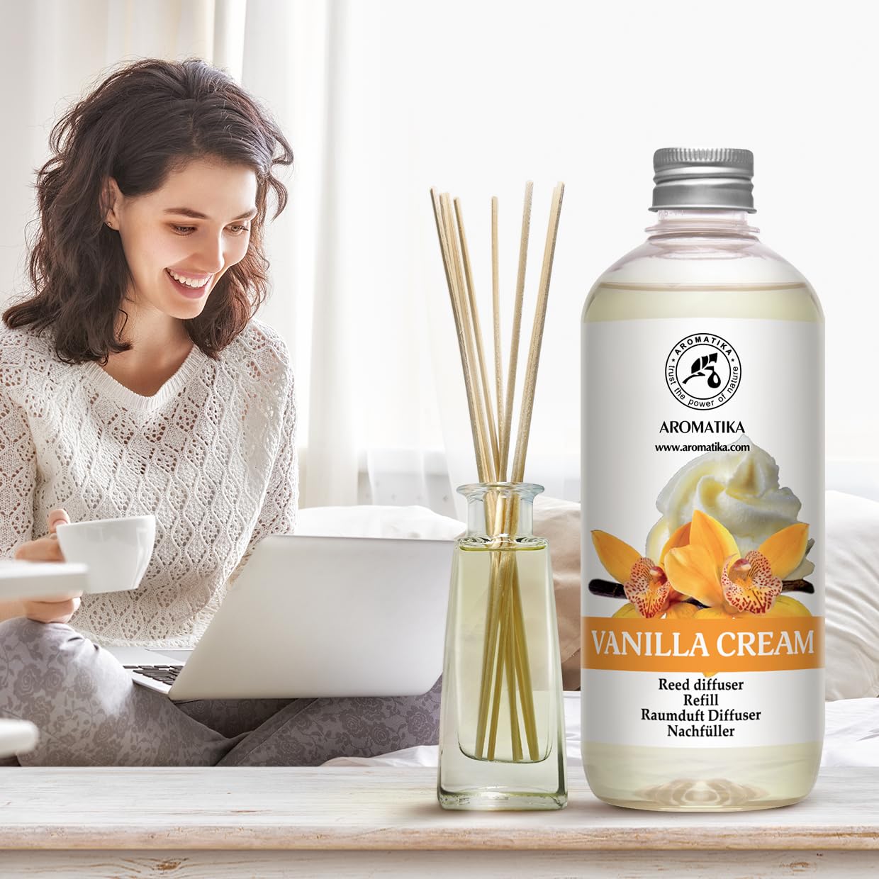Reed Diffuser Refill Vanilla Cream - 2 x 500ml - Long Lasting Fragrance - Oil Refill for Aromatherapy - Home and Office Scent - Restaurant - Fresh Aroma
