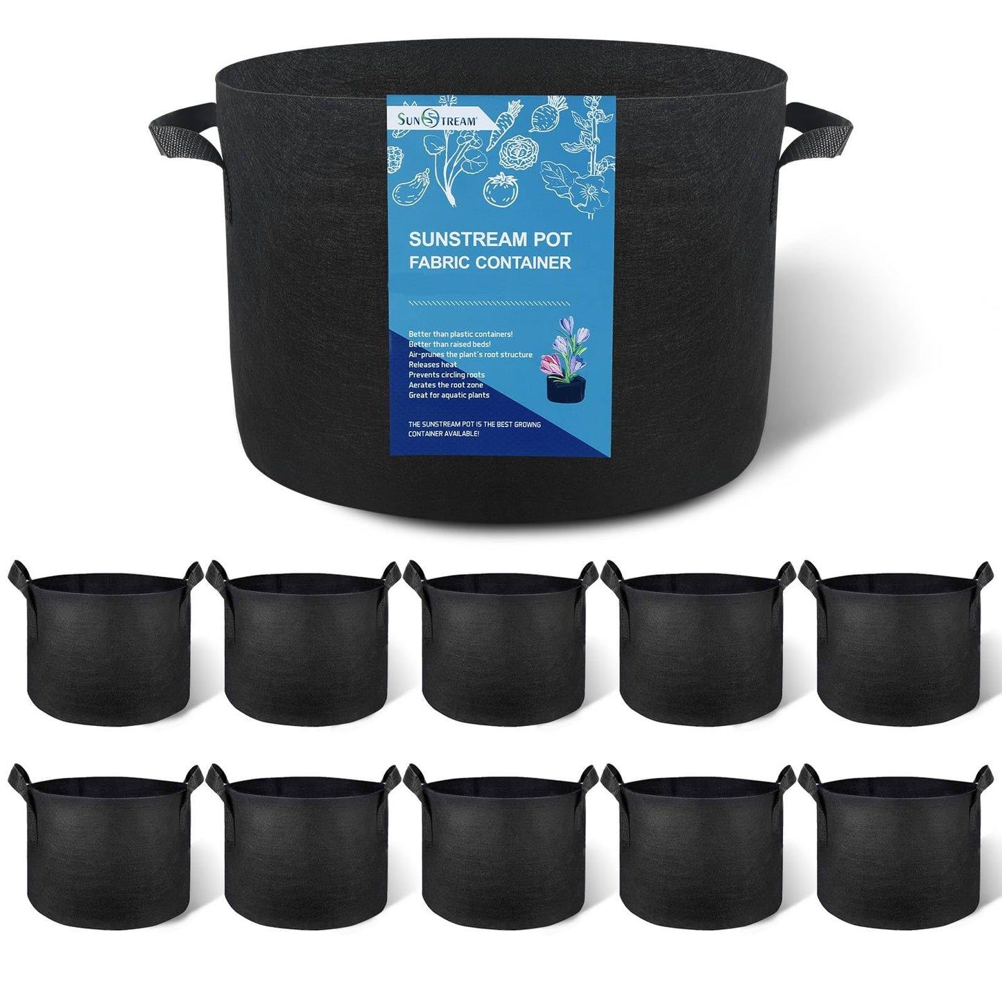 SunStream 10-Pack 10 Gallon Heavy Duty Thickened Nonwoven Fabric Pots Grow Bags with Handles