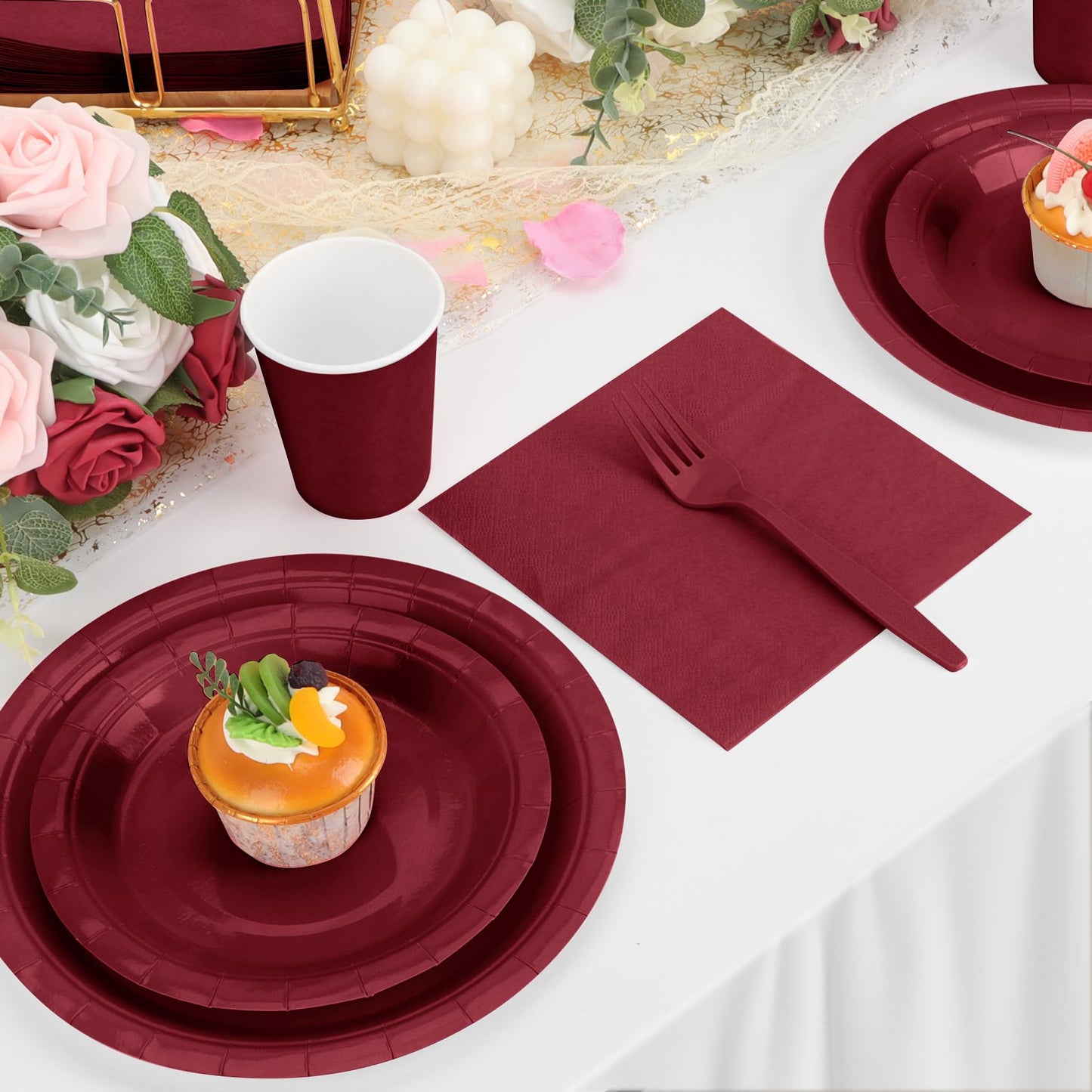 Burgundy Plates and Napkins Party Supplies, Include 9’’Disposable Burgundy Paper Plate, 7’’Dessert Plates and Cups and Napkins Forks Set for Birthday, Anniversaries, Wedding, Serves 25