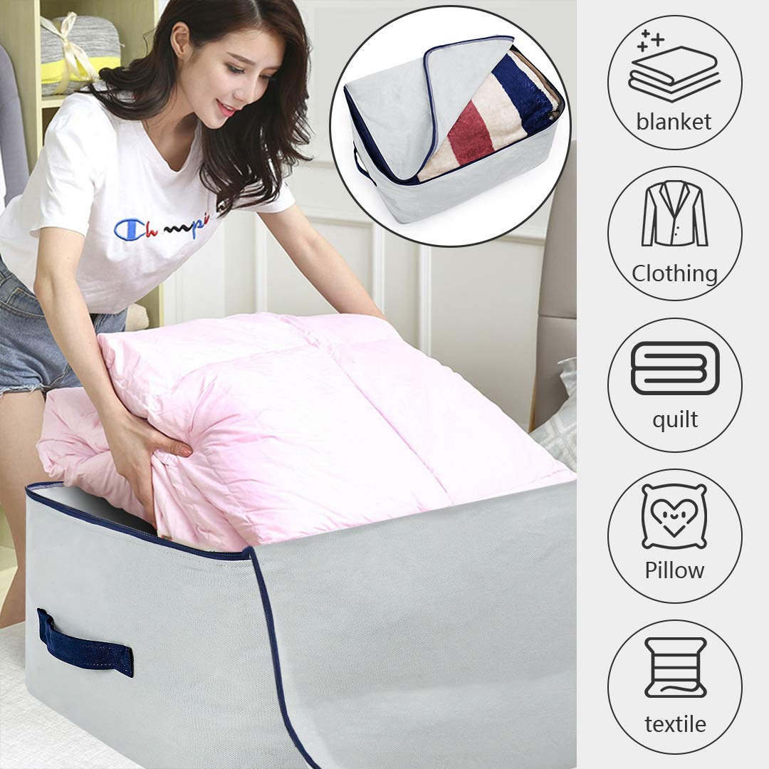 Pack of 2, Canvas Cotton Storage Bags with Zippered Cover, Large Size 98L & Breathable, Soft Storage Organiser Bags for Queen/King Size Beddings, Clothing, Light Gray