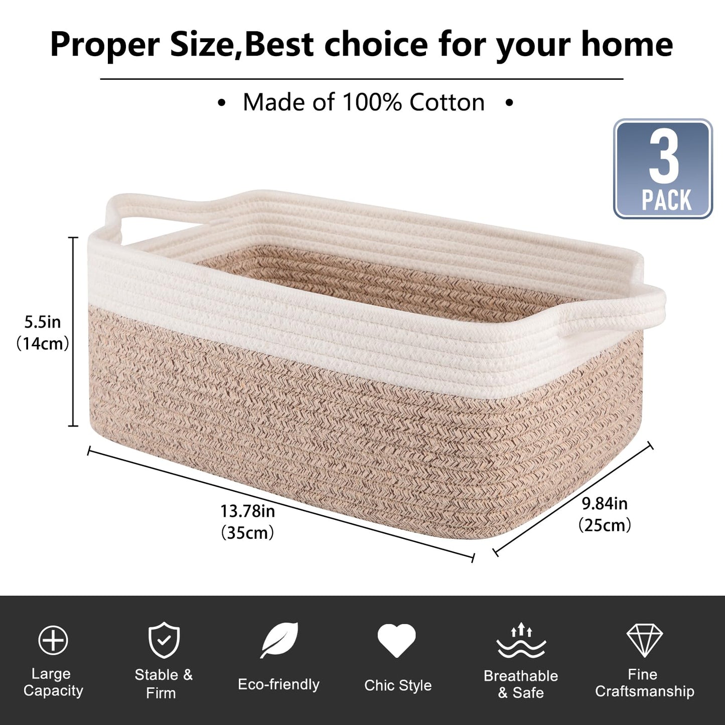 OIAHOMY 3 Pack Storage Baskets for Organizing, Cotton Rope Basket for Shelves, Closet Organizer Bins, Rectangle Small Baskets with Handles, Toy Basket, 13.78''×9.84''×5.5'', Brown & White