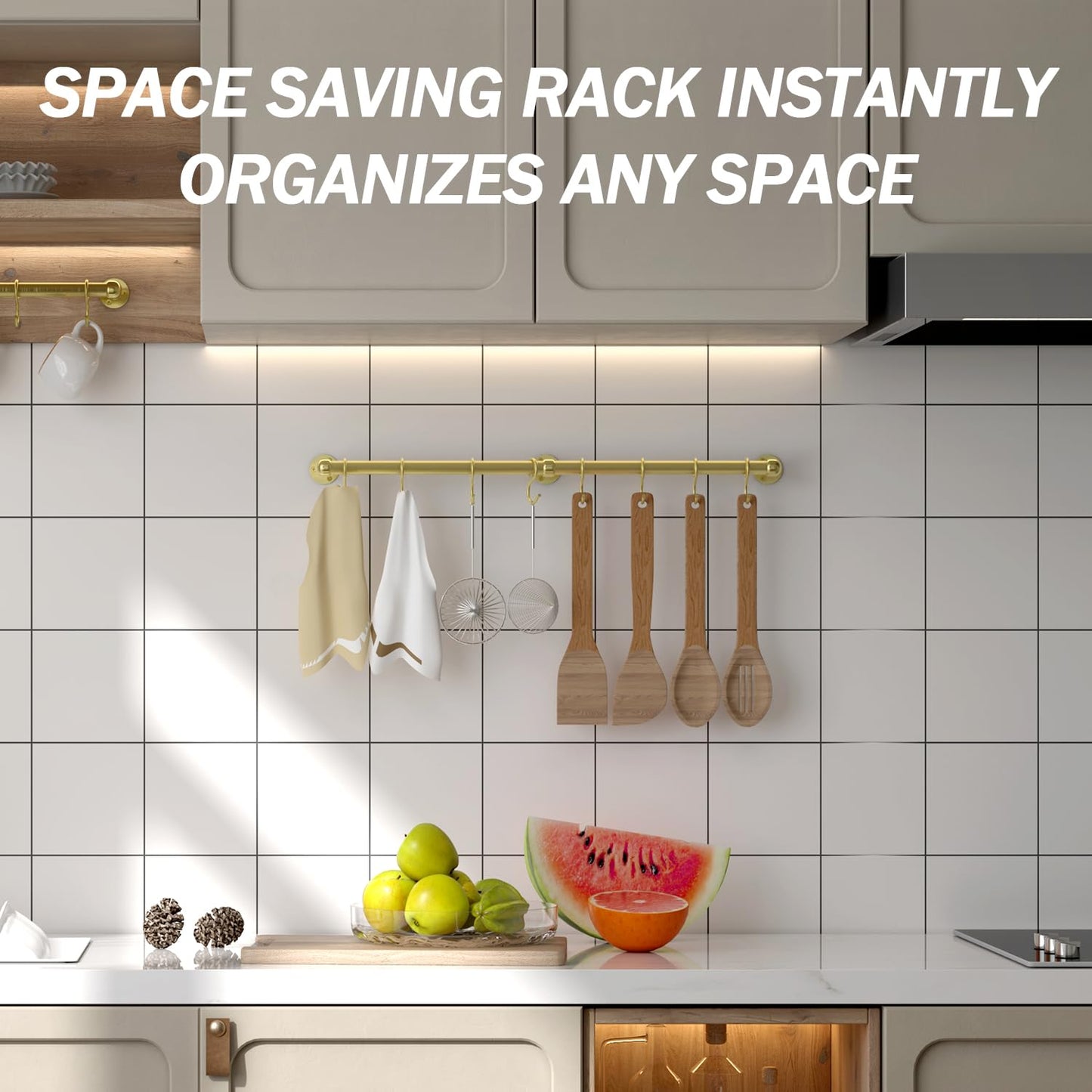 ROTHLEY Brass Pot Rail 23.7 Inch Stainless Steel Pot Rack hanging Wall Mounted Kitchen Rail with S Hooks Utensil Bar Mug Wall Hanger Pots and Pans Hanger Rack Pot Hangers for Kitchen Pan Holder