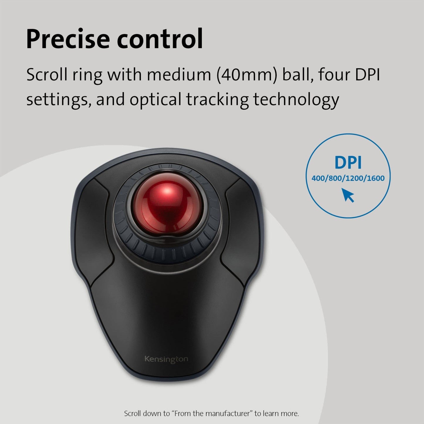 Kensington Orbit Wireless Trackball Mouse with Scroll Ring - Finger Control Ergonomic Mouse with Programmable Buttons, USB or Bluetooth Connection for Windows and MacOS - Black (K70990WW)
