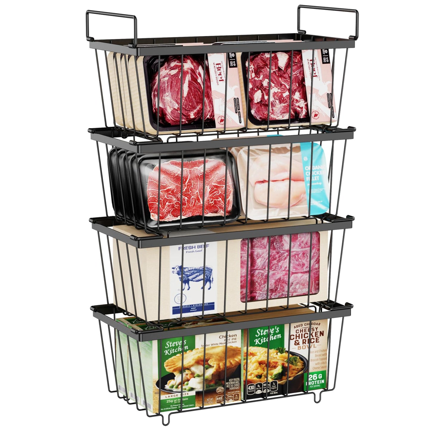 iSPECLE Freezer Organizer Bins - 4 Pack Stackable Wire Baskets for 5 to 7 Cu.Ft Deep Freezer, Sort Frozen Foods Chest Freezer Organizer with Handles Easily Get Food and Add Storage Space, Black