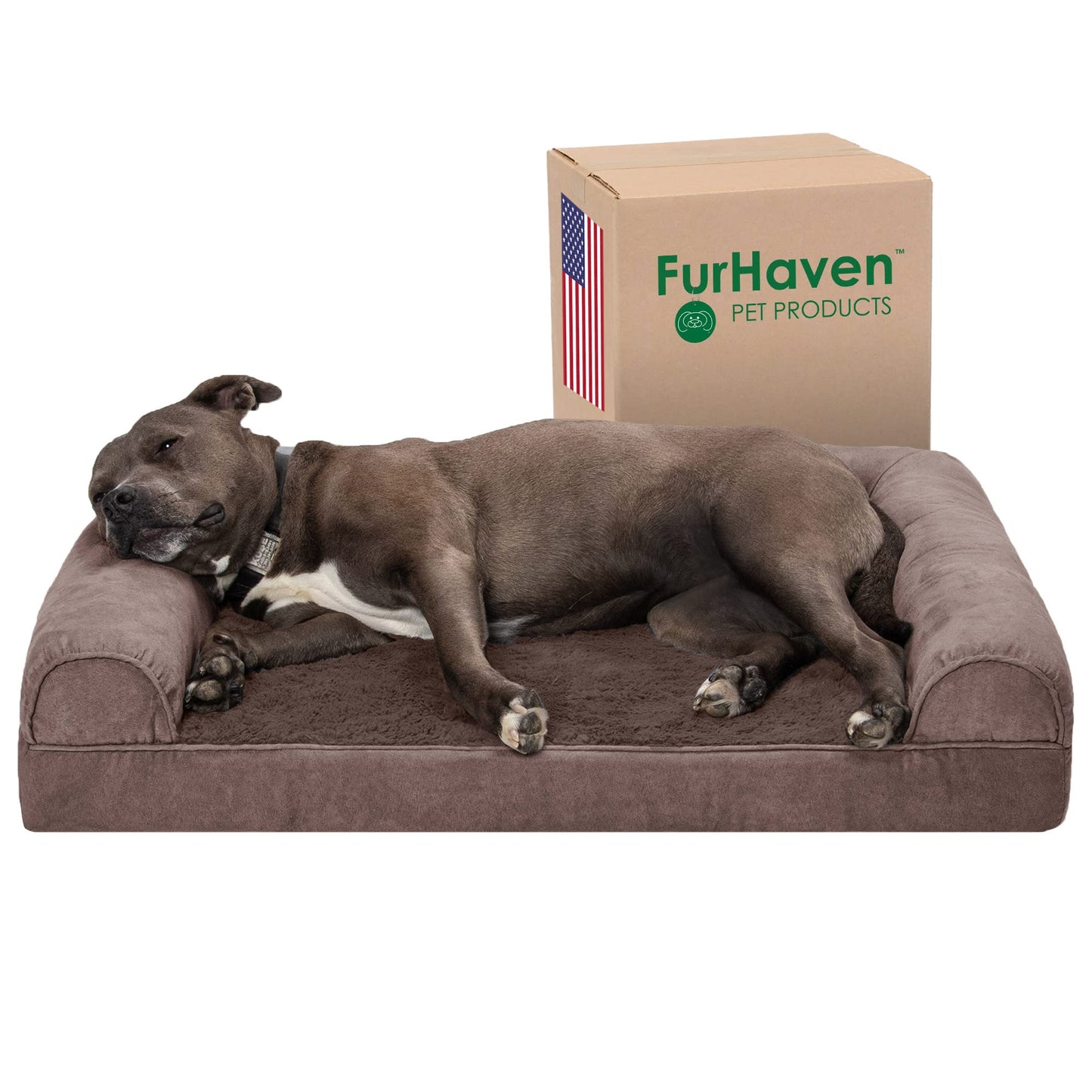 Furhaven Orthopedic Dog Bed for Large/Medium Dogs w/Removable Bolsters & Washable Cover, for Dogs Up to 55 lbs - Faux Fur & Velvet Sofa - Driftwood Brown, Large