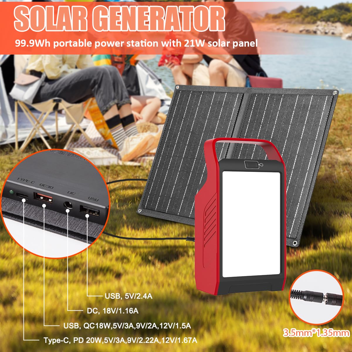 Takki 120W Peak Solar Generator Portable Power Station with Panels 21W Included, 99Wh Solar Power Bank Charger AC Outlet for Camping Emergency Outdoor Tent