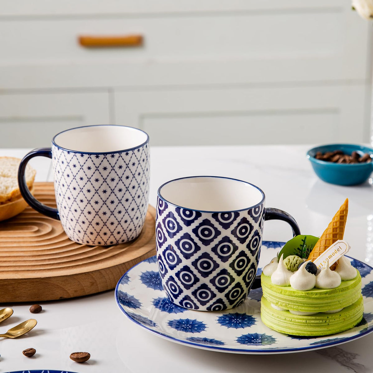 Cerkik Ceramic Coffee Mugs Set - 10 Oz Large Porcelain Tea Cups with Handle for Cappuccino Latte Cocoa Milk - Christmas Housewarming Gift - Microwave Dishwasher Safe - Set of 6 - Vintage Blue