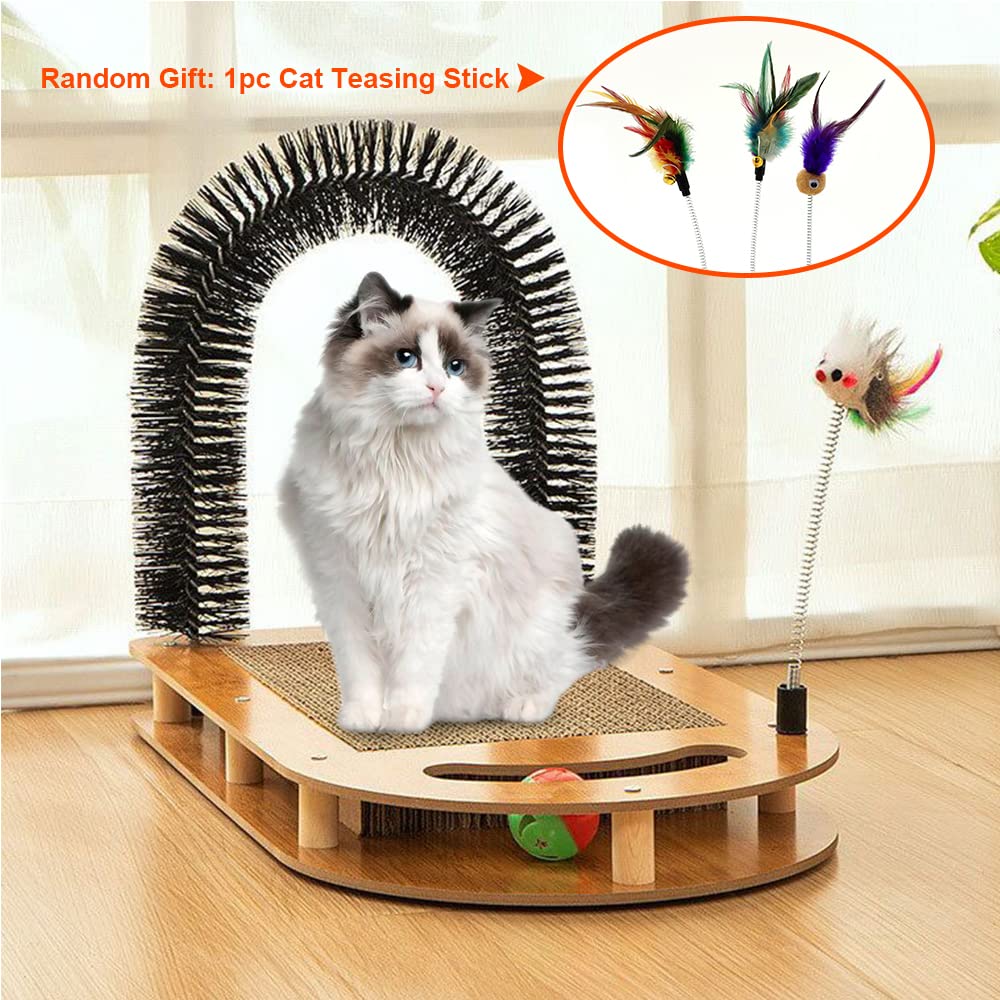 Cat Scratching Board with Cat Arch Self Groomer and Kitty Ball Toys, cat Scratcher Cardboard for Indoor Cats, Eco-Friendly Wood, Durable, Stable and Non-Slip, cat Scratcher Pad
