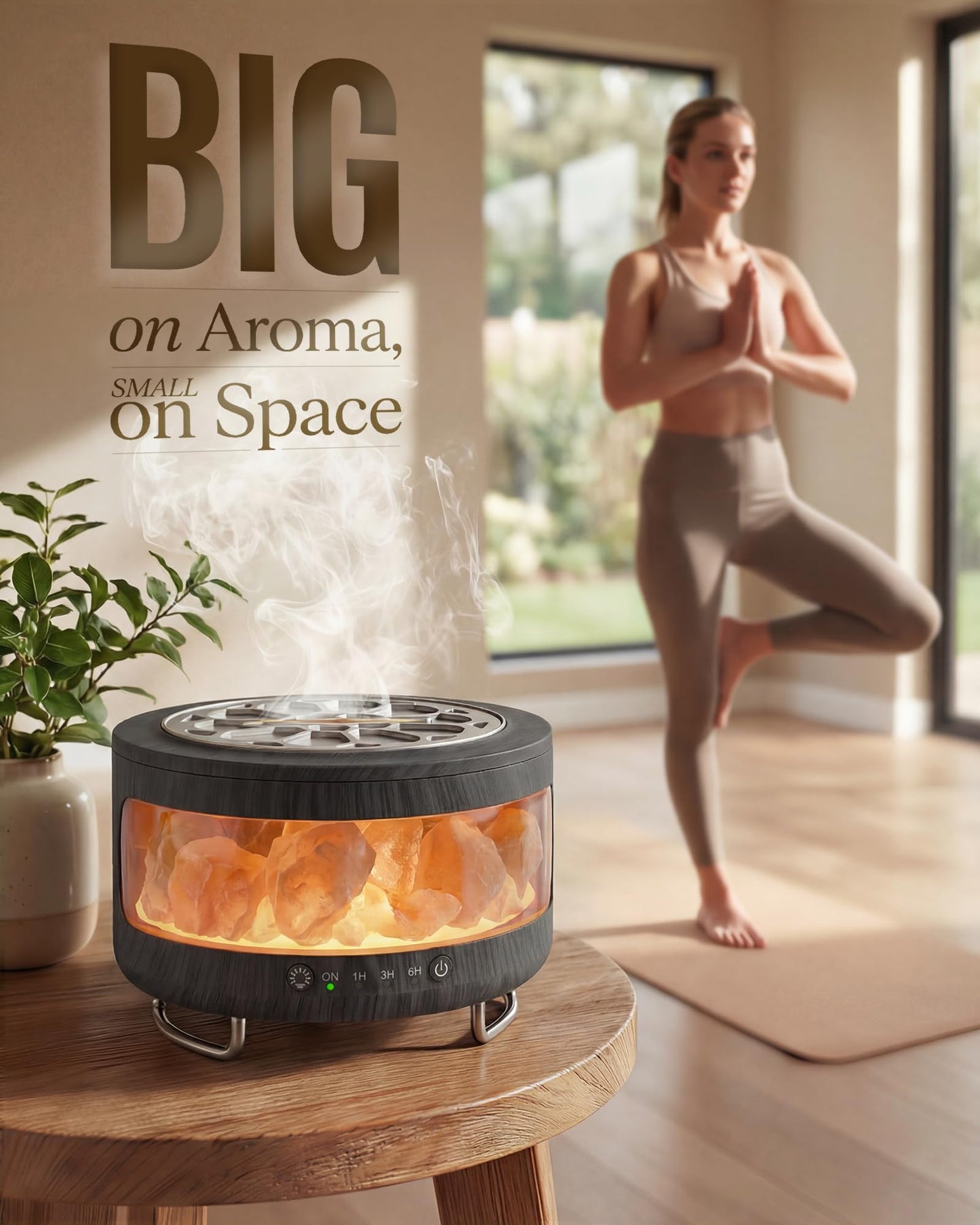 Essential Oil Diffuser with Himalayan Salt Lamp, 350ml Ultrasonic Aromatherapy Humidifier, 7 Colors LED Light, Timer & Auto Shut-Off for Home Bedroom Office Spa Yoga Black Wood Grain