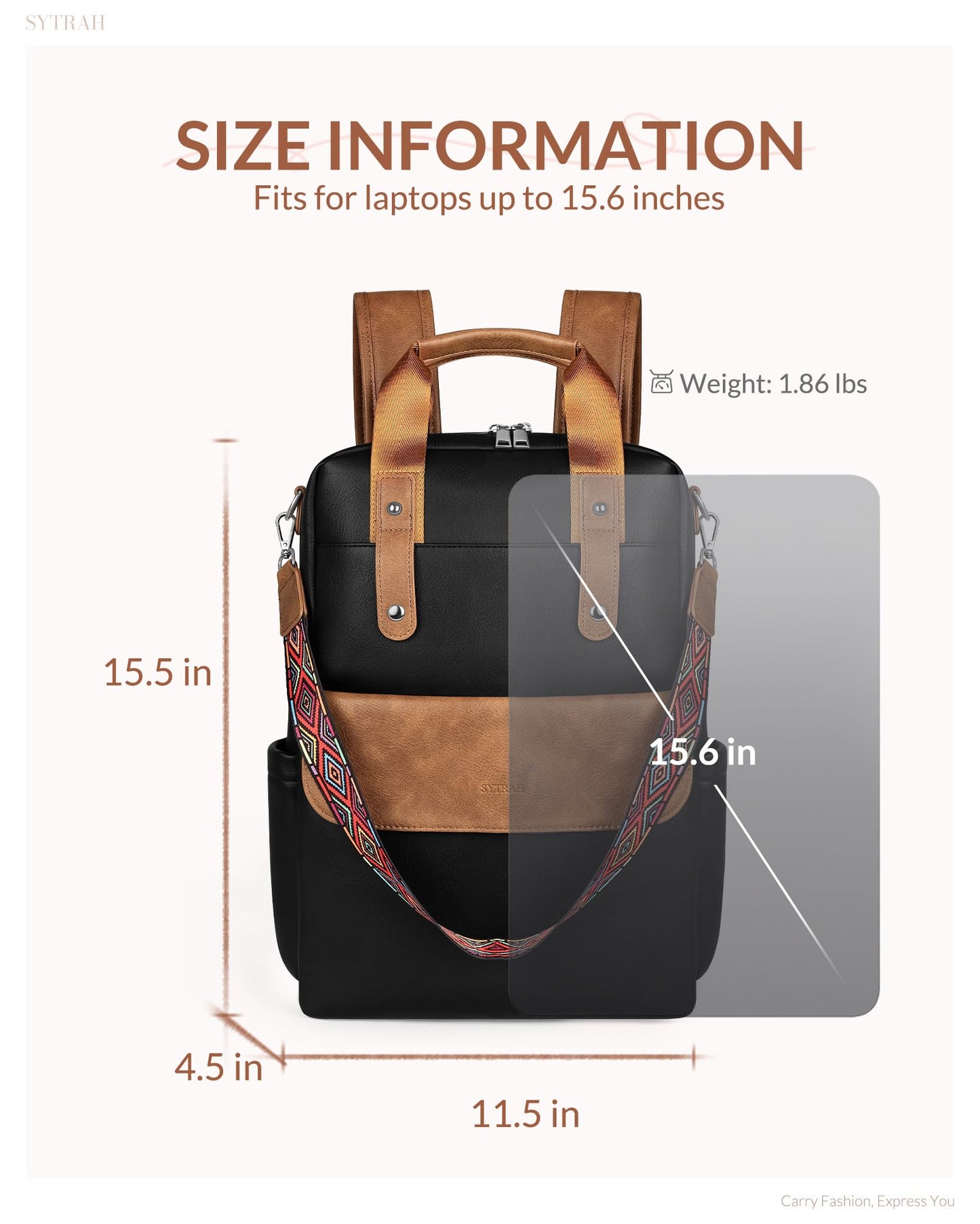 SYTRAH Leather Laptop Backpack 15.6 Inch Womens Laptop Bag, 3 IN 1 Computer Bag Handbag with Colorful Shoulder Bag Strap for Work Travel College Black Brown