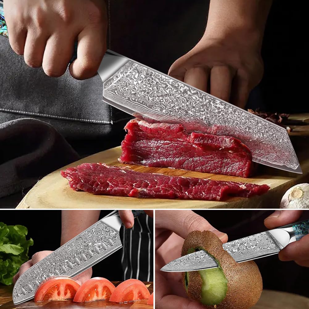 Damascus Chef Knives 3 Piece Kitchen Knife Set Damascus Steel Professional Chef's Knife – Razor Sharp Cleaver Set with Ergonomic Natural Resin Handle Cooking Knife