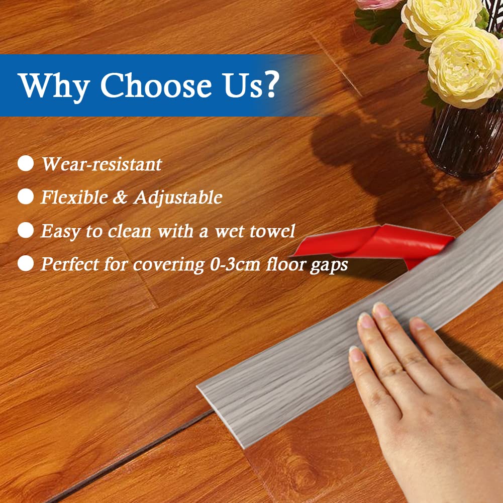 Floor Transition Strip Self Adhesive Floor Cover Strips Laminate 2" Wide Vinyl Flat Divider Transitions Elegant Wood Grain Design (5cm, 20Ft, Gray)