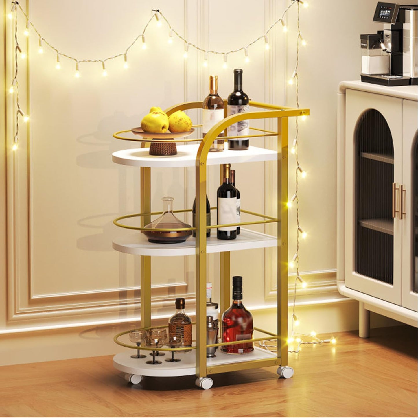 YATINEY 3-Tiers Cart with Wheels, Home Cart, Beverage Cart with Fence, for Garden, Party, White and Gold BC06DW