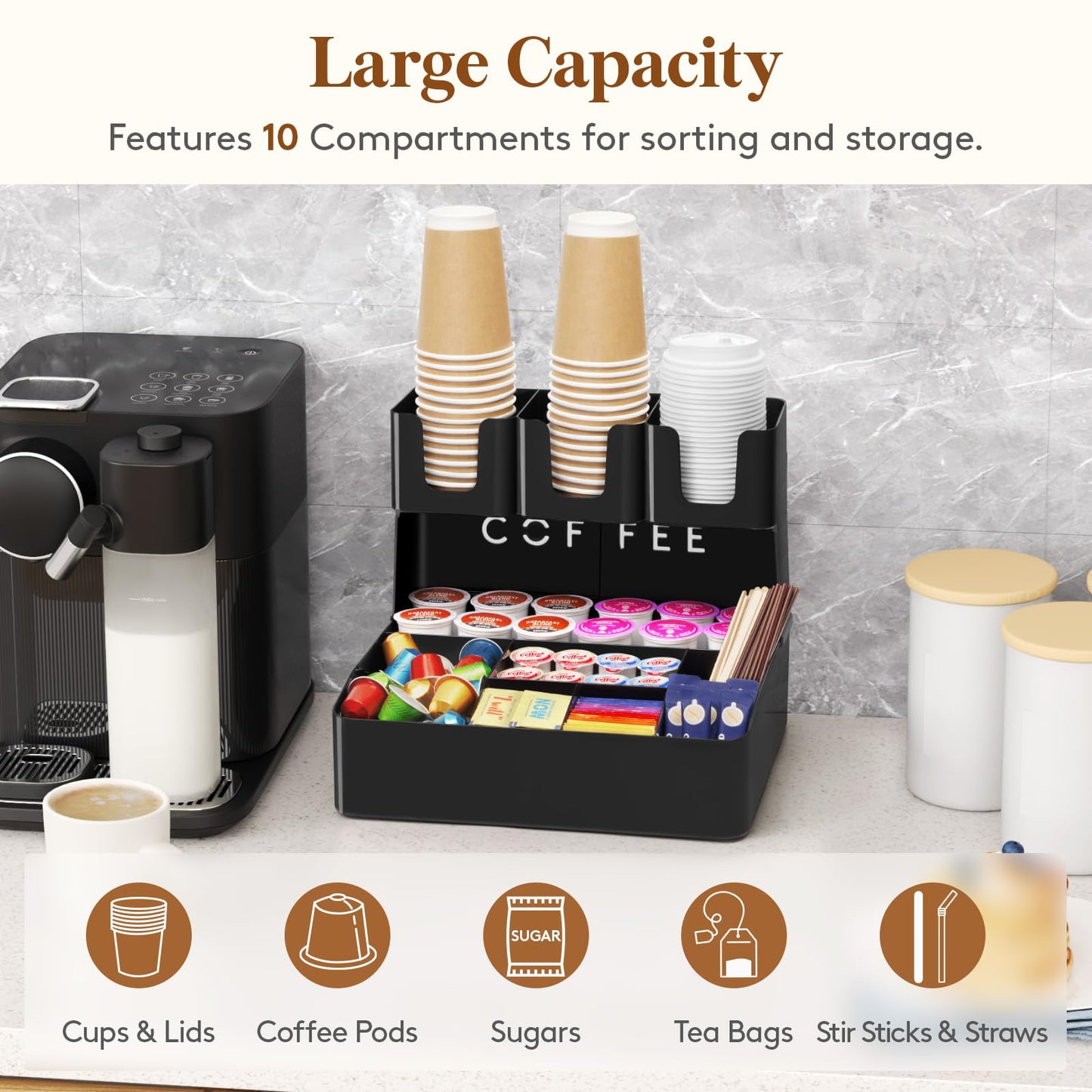 Lifewit Coffee Station Organizer for Countertop, 2 Tier Pod Holder for Coffee Bar Accessories, Tea Bag, Condiments, Upright Cup Storage for Office Breakroom, Home Kitchen, 10 Compartments, Black