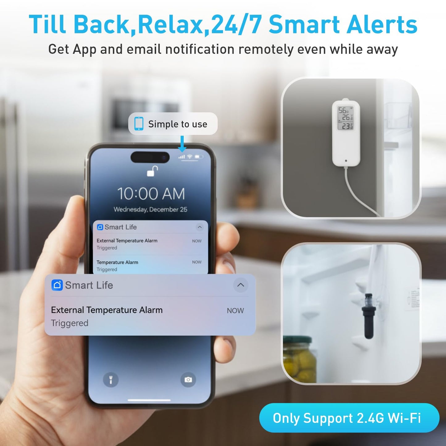 DAYTECH Fridge Thermometer WiFi Smart Freezer Thermometer Alarm with App Alerts, Digital Remote Temperature Monitor for Home/Office/Restaurant, No Hub Required, 1 Set