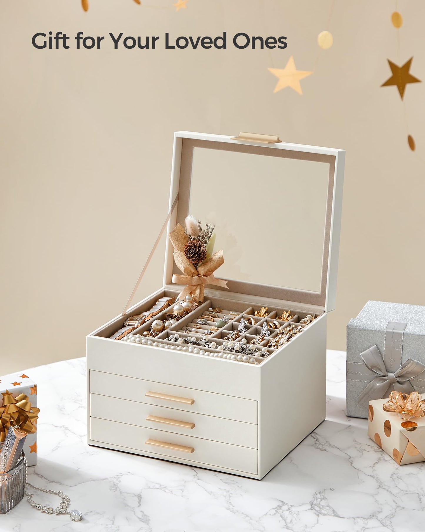 SONGMICS GISELLA Collection - Jewelry Box Organizer, 4-Layer Jewelry Storage with 3 Drawers, Shiny Metal Hardware, Glass Lid, Modern, 20.3 x 23.1 x 16.5 cm, Cloud White and Gold Color UJBC173W01