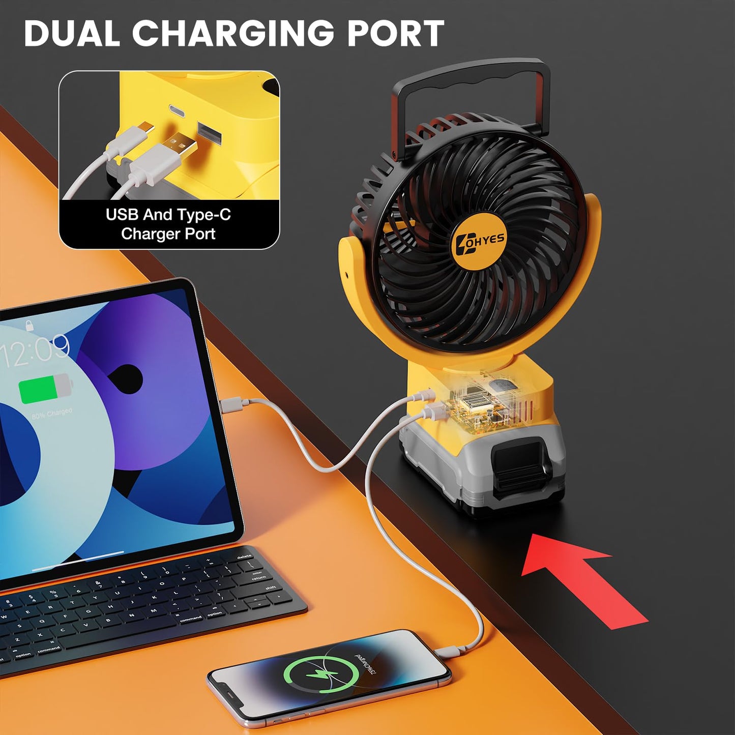 Jobsite Fan Fit For DeWALT 20V Max Battery Brushless Motor With USB A+C Fast Charging For Camping Workshop and Construction Site(Battery not included)
