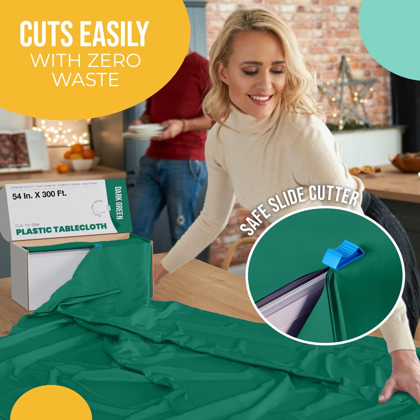 54 Inch X 300 Feet Dark Green Plastic Table Cover Roll in A Cut - to - Size Box with Convenient Slide Cutter. Cuts Up to 12 Rectangle 8 Feet Plastic Disposable Tablecloths - Exquisite