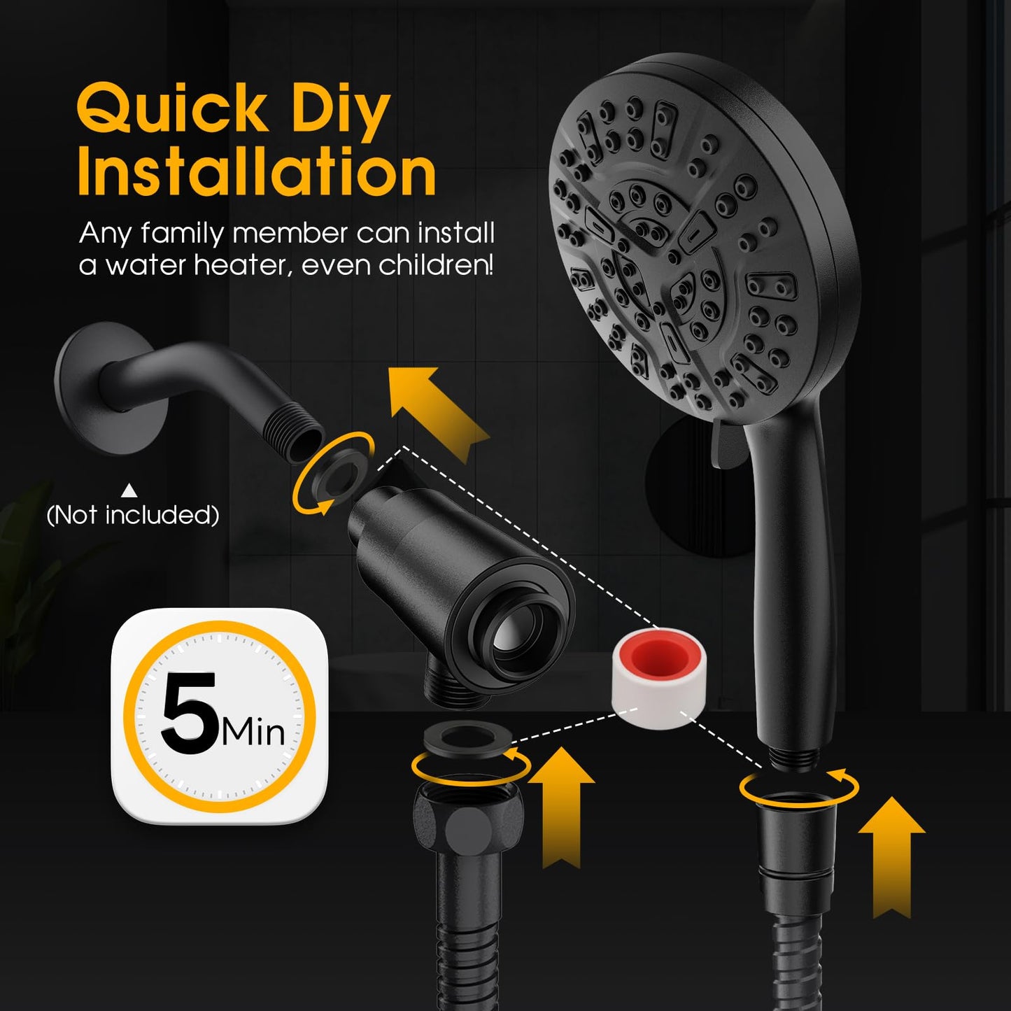 High Pressure 10 Ways Handheld Shower Head Matte Black- Anti-Clog Nozzles, Built-in Power Wash to Clean Tub, Wall & Overhead Brackets,Magnetitc Rainfall Shower Wand,Built-in 2 Power Jet (Black)