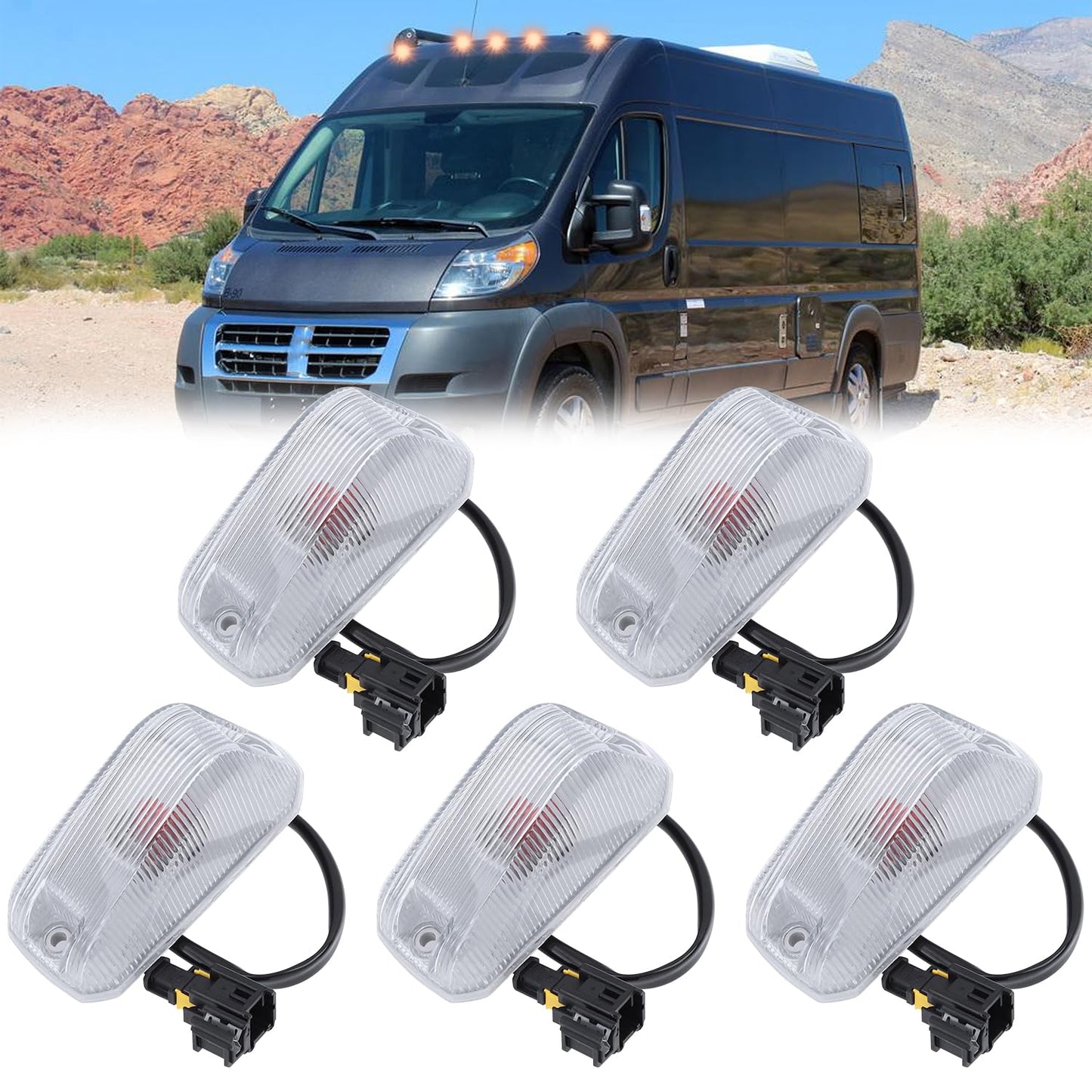 IFYKIM 5PCS Cab Roof Marker Lights Top Roof Clearance Running Lights Compatible with 2014-2026 Dodge Ram ProMaster 1500 2500 3500 Replace# 926-109 68232473AA/AB/AC/AD (Clear Lens Amber Halogen Lamp)