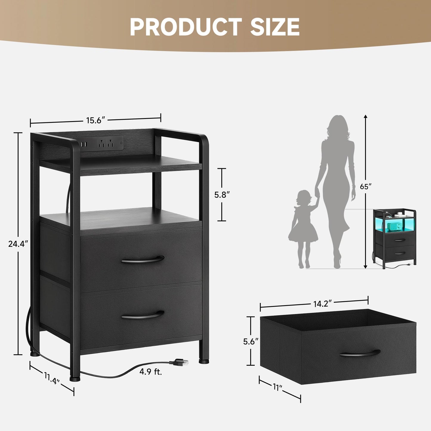Night Stand Bedside Table Bedroom - Nightstand with Charging Station & LED Light Strip, Bed Side Table with Storage Shelf for Bedroom, End Table with U-S-B Ports & AC Outlets (Black, 2 Fabric Drawers)