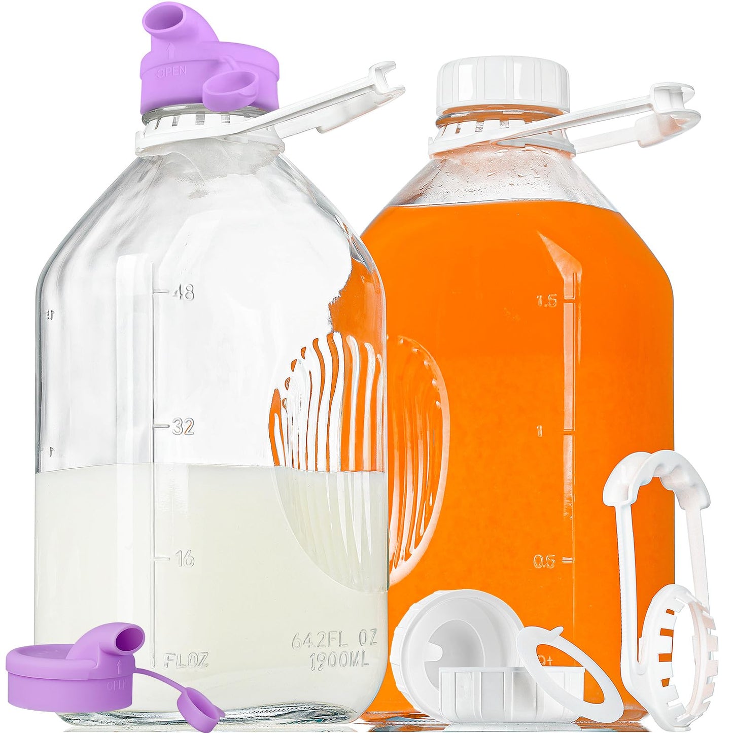 2 Pack 64 Oz Heavy Duty Glass Milk Jugs with 2 Spouts and Reusable Airtight SCREW LID - 2 Qt Water Bottle with Handle - Water Pitcher with Lid - 1/2 Gal Glass Jars with Scale Lines