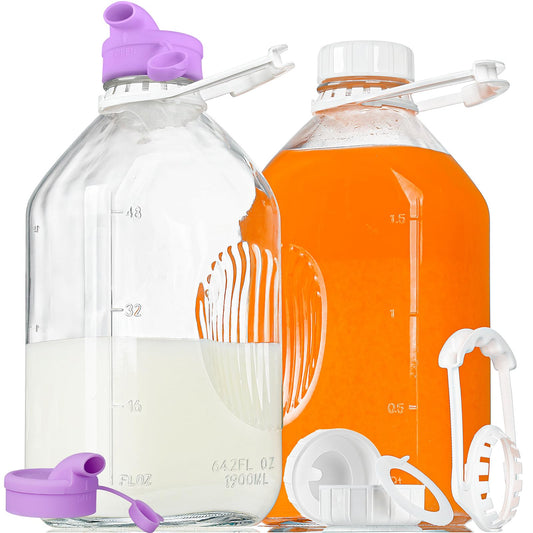 2 Pack 64 Oz Heavy Duty Glass Milk Jugs with 2 Spouts and Reusable Airtight SCREW LID - 2 Qt Water Bottle with Handle - Water Pitcher with Lid - 1/2 Gal Glass Jars with Scale Lines
