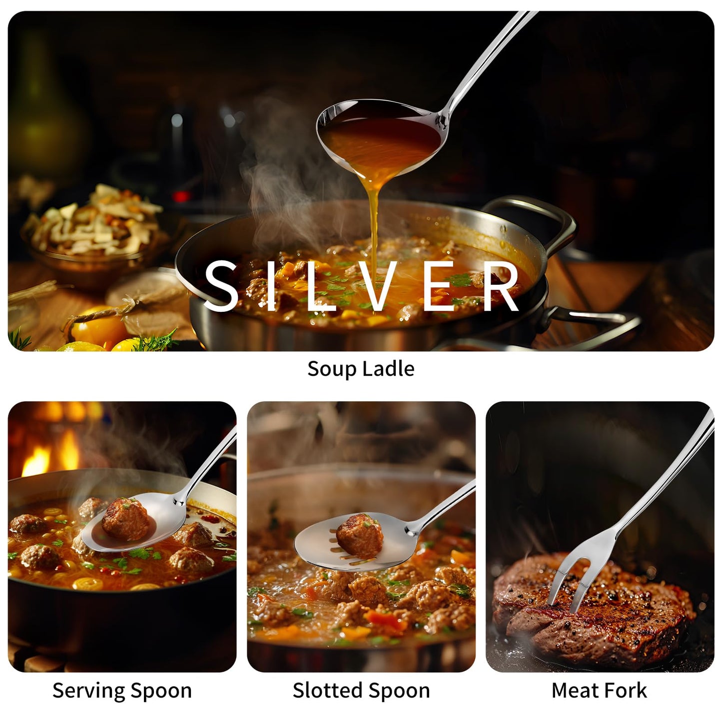 304 Stainless Steel Kitchen Utensils Set, 11 Pcs Long Metal Cooking Utensil Gadgets Tools Set with Spatula, Spoon, Ladle, Skimmer, Turner, Pasta Server, Tongs(Mirror Polished, Dishwasher Safe)