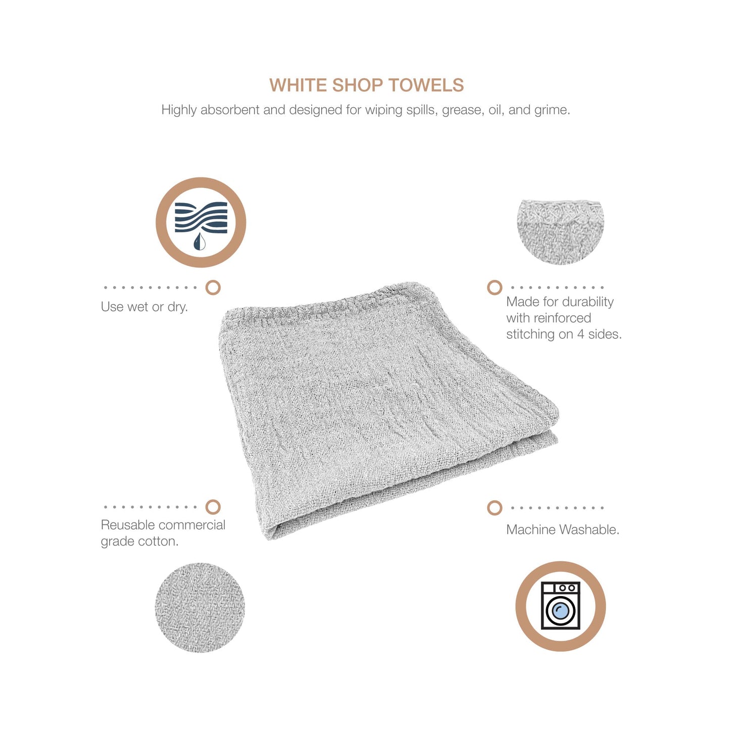 Detailer's Preference Automotive Shop Towels, Cotton, 11"x12", White, 50 Pack
