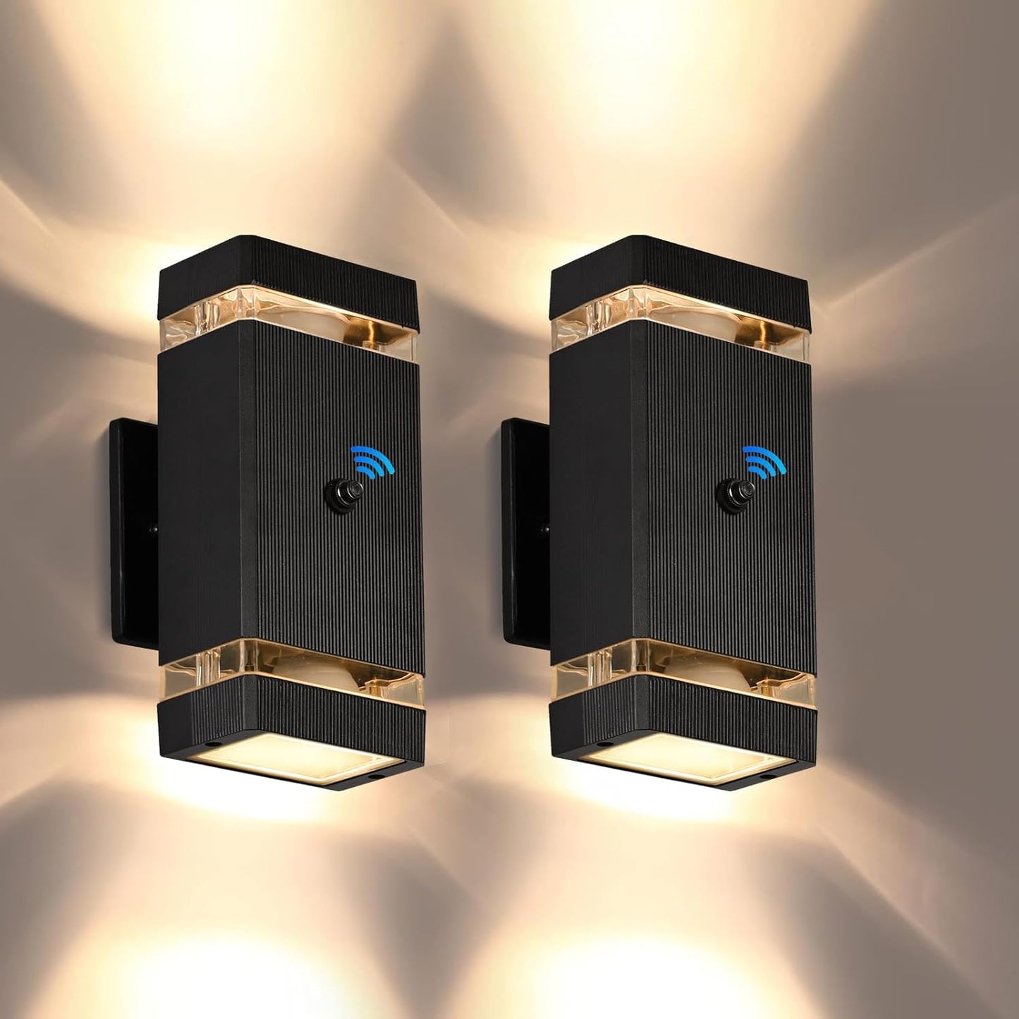 Outdoor Wall Lights 2 Packs, Integrated LED Up Down Lights, Modern Black Outdoor Wall Light with Dusk to Dawn Sensor Aluminum Exterior Wall Light for Porch Patio Door