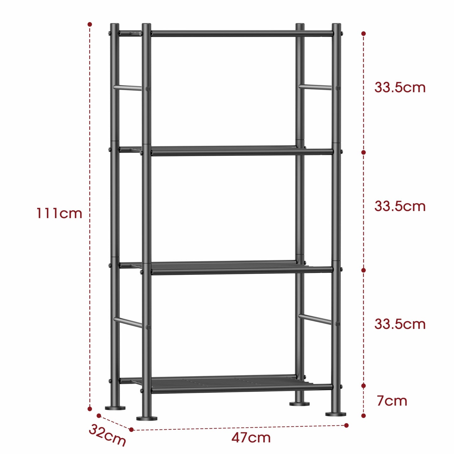 Sakugi 4 Tier Shelf - Heavy Duty Metal Storage Shelves with Adjustable Leveling Feet, Large Capacity Shelving Unit with Multiple Hooks for Kitchen, Pantry, Office(47 x 32 x 111 cm, Black)