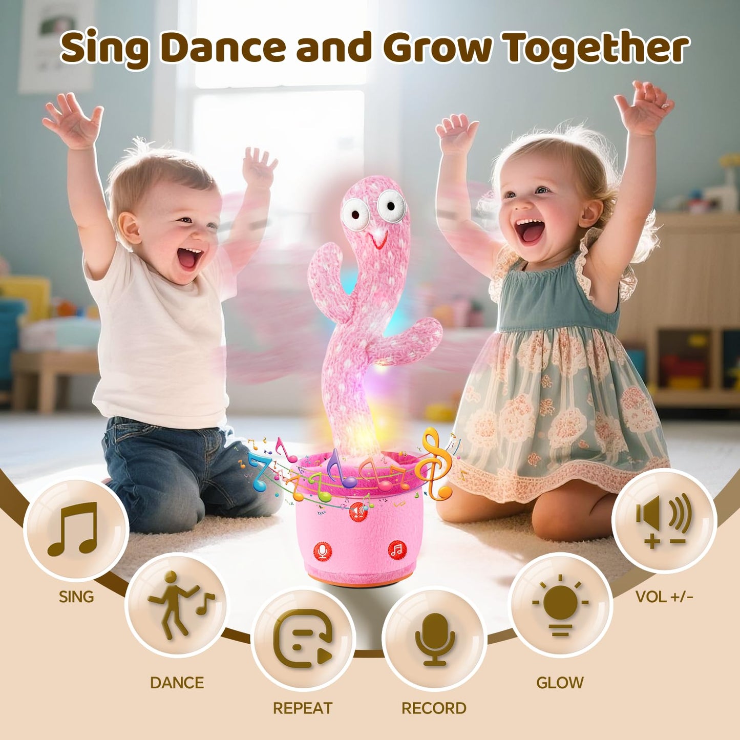 SANJOIN Rechargeable Dancing Talking Cactus Toy for Toddlers 18 Months+, Baby Girl Toys with Volume Adjustable, Mimicking, Recording and Singing, Baby Girl Gifts, Easter Basket Stuffers for Girls Boys