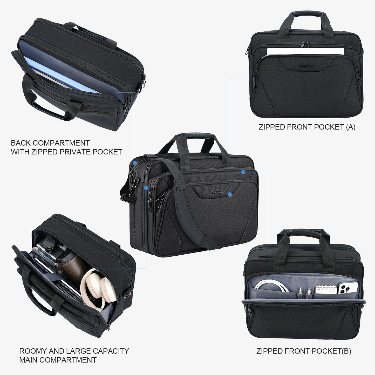 KROSER Laptop Bag Premium Laptop Briefcase Fits Up to 17.3 Inch Laptop Expandable Water-Repellent Shoulder Messenger Bag Computer Bag for Travel/Business/School/Men/Women-Black