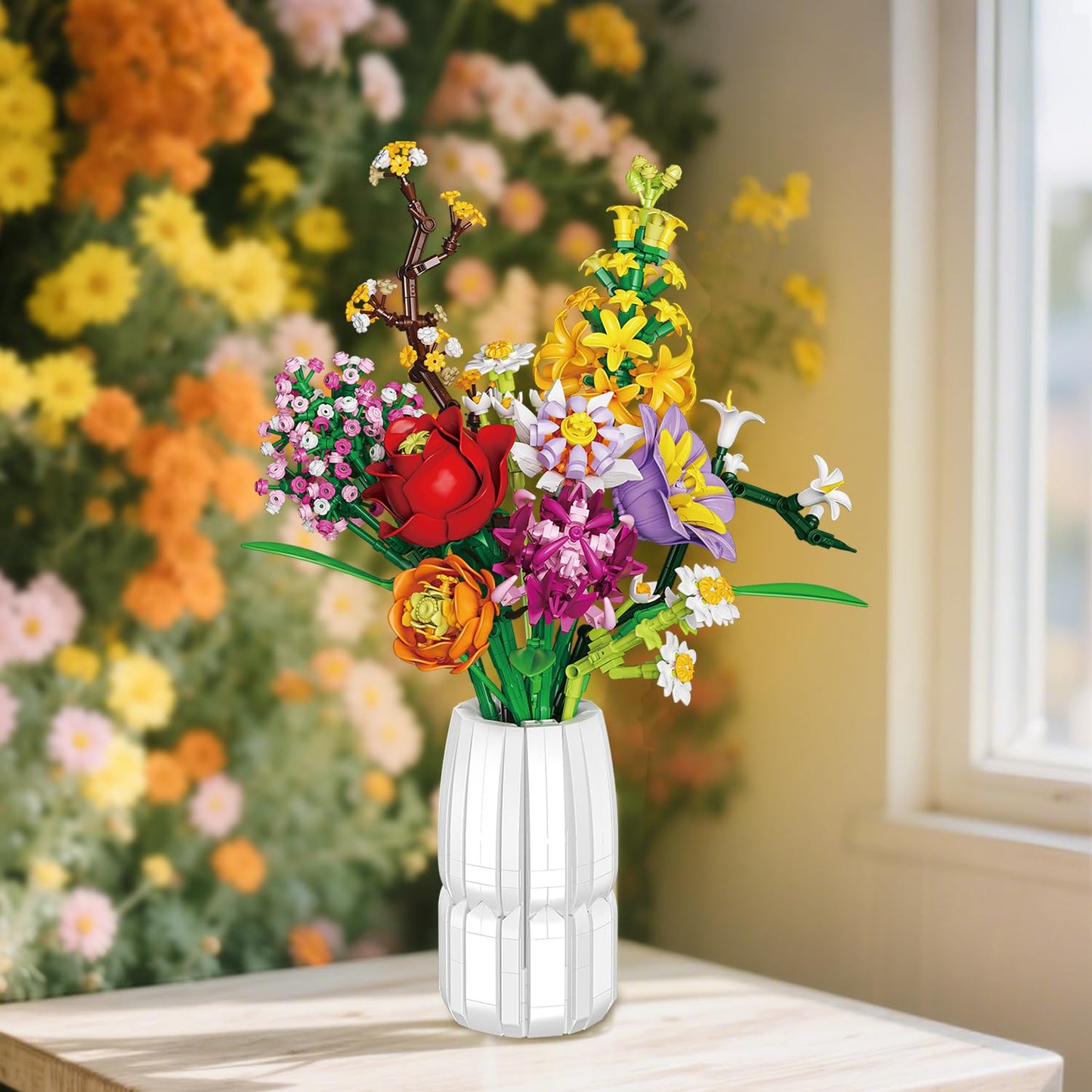 2 in 1 Vase Flowers Bouquet Building Set, Artificial Flowers Bouquet Sets for Adults & Women, Comptatible with Lego Flower Bouquets Botanicals Collection, 1458 PCS