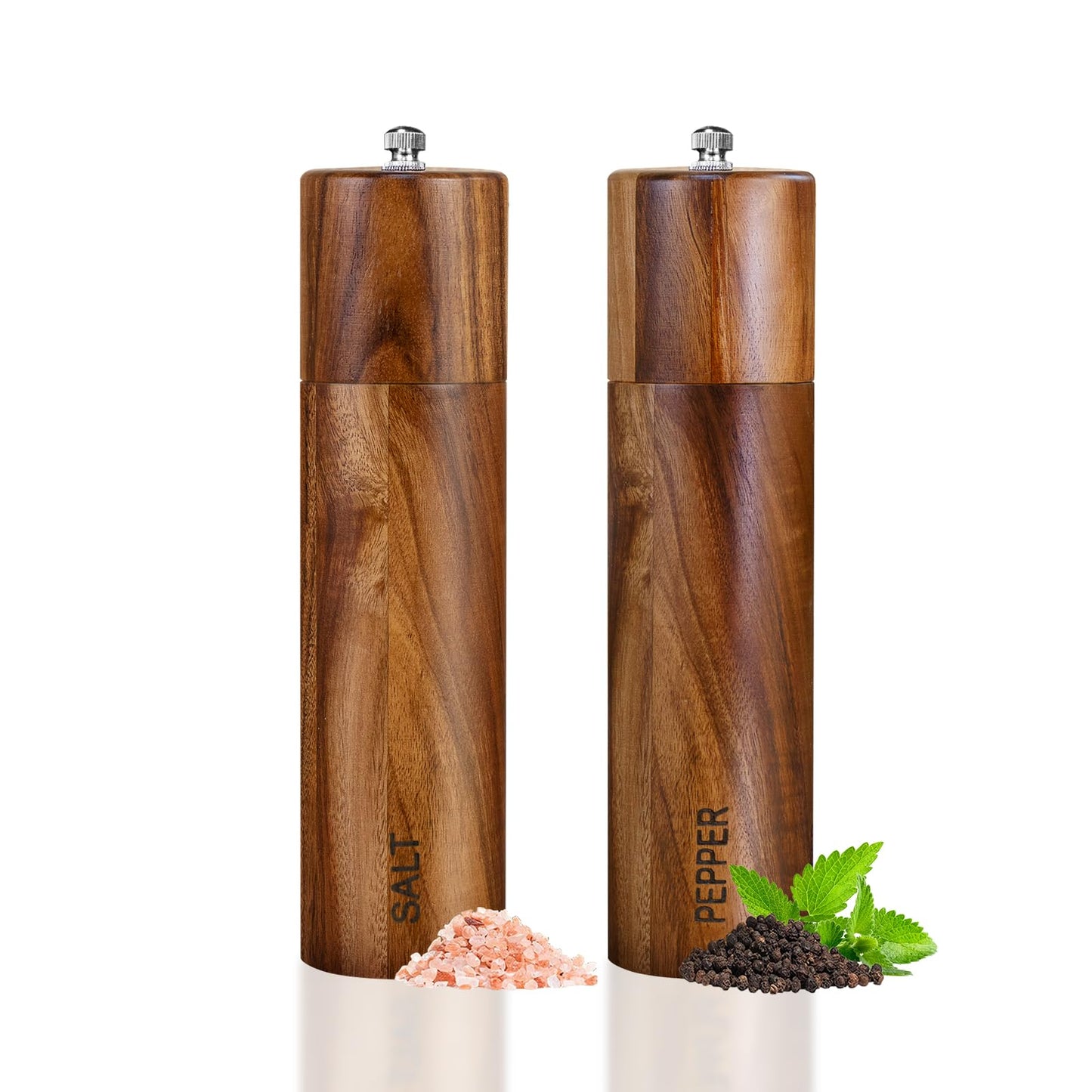 2 Pack Acacia Wooden Salt and Pepper Grinder Set, 8 Inches Refillable Salt and Pepper Mills with Adjustable Coarseness & Ceramic Core, Wood Peppercorn Shaker Salt Grinders Tableware Birthday Gifts
